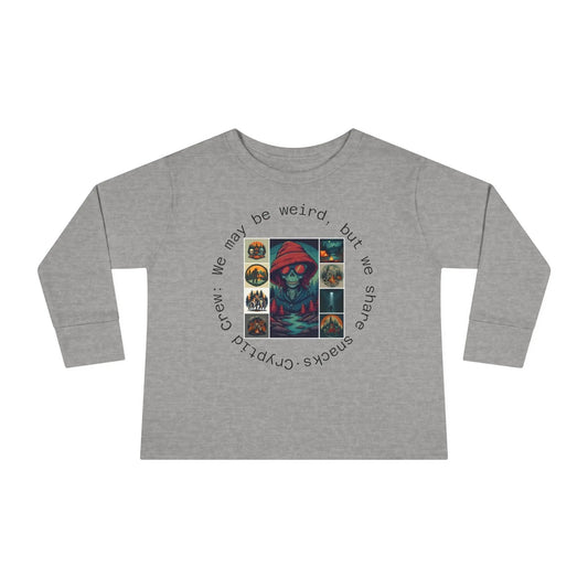 Toddler Gray long-sleeve shirt with a collage graphic design and text on a white background