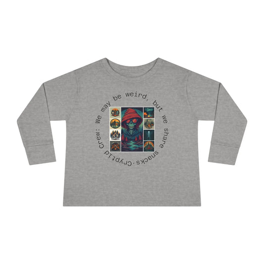 Toddler Gray long-sleeve shirt with a collage graphic design and text on a white background