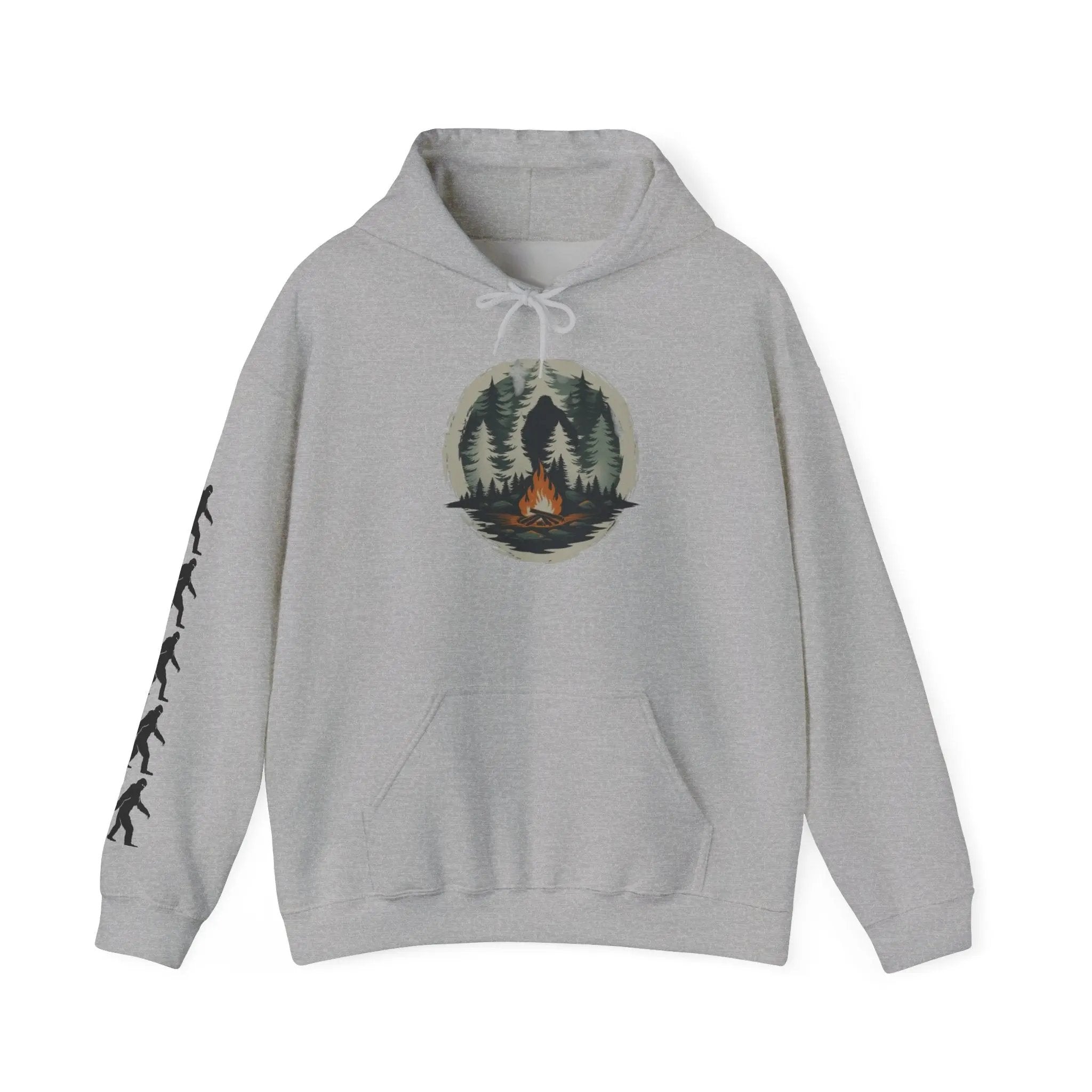 Gray hoodie with nature-themed design and black bigfoot silhouettes on the right sleeve on a white background on a white background