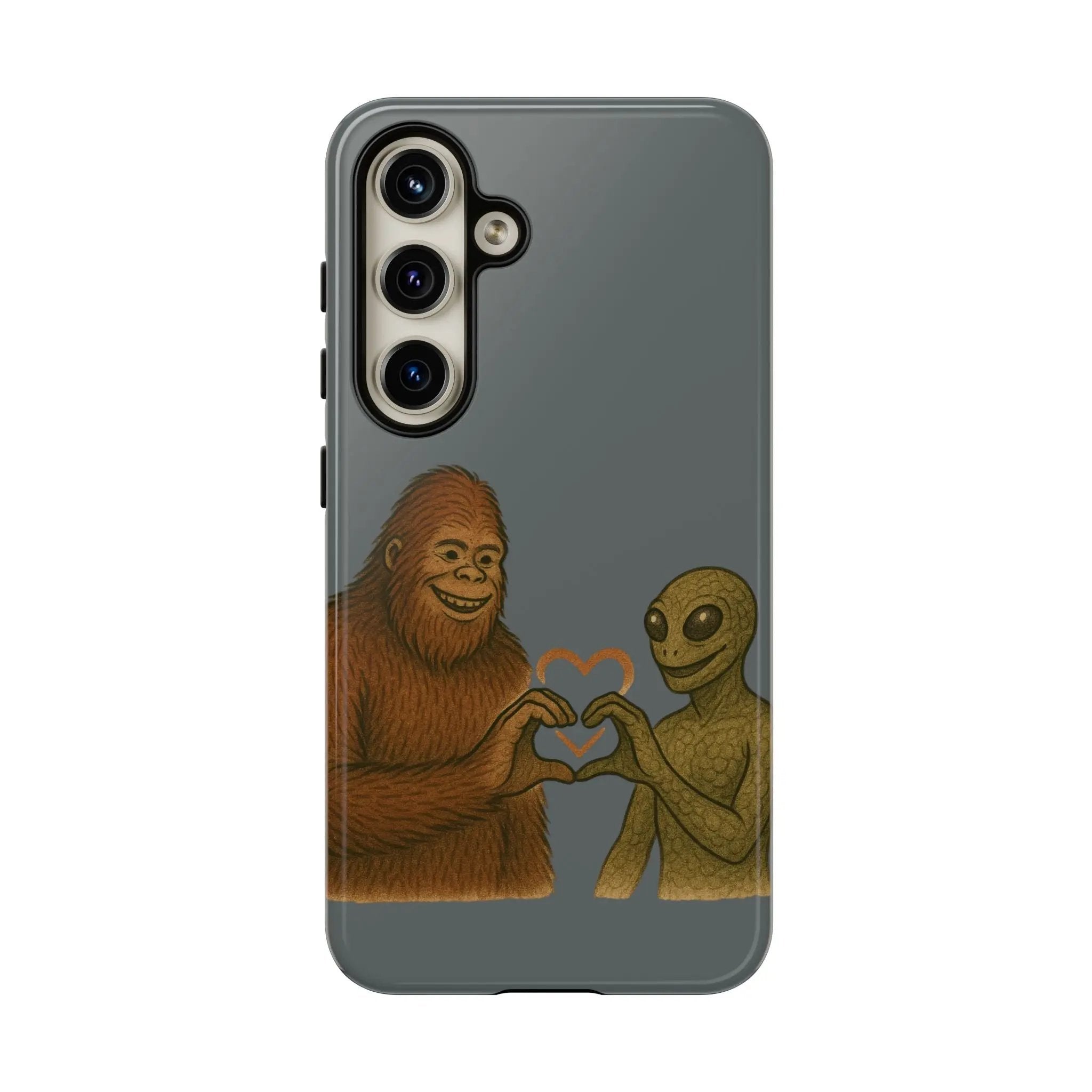 Bigfoot & Lizard Person Hand Heart Phone Case – Fun & Unique Cryptid Design, Perfect Gift for Adults Printify