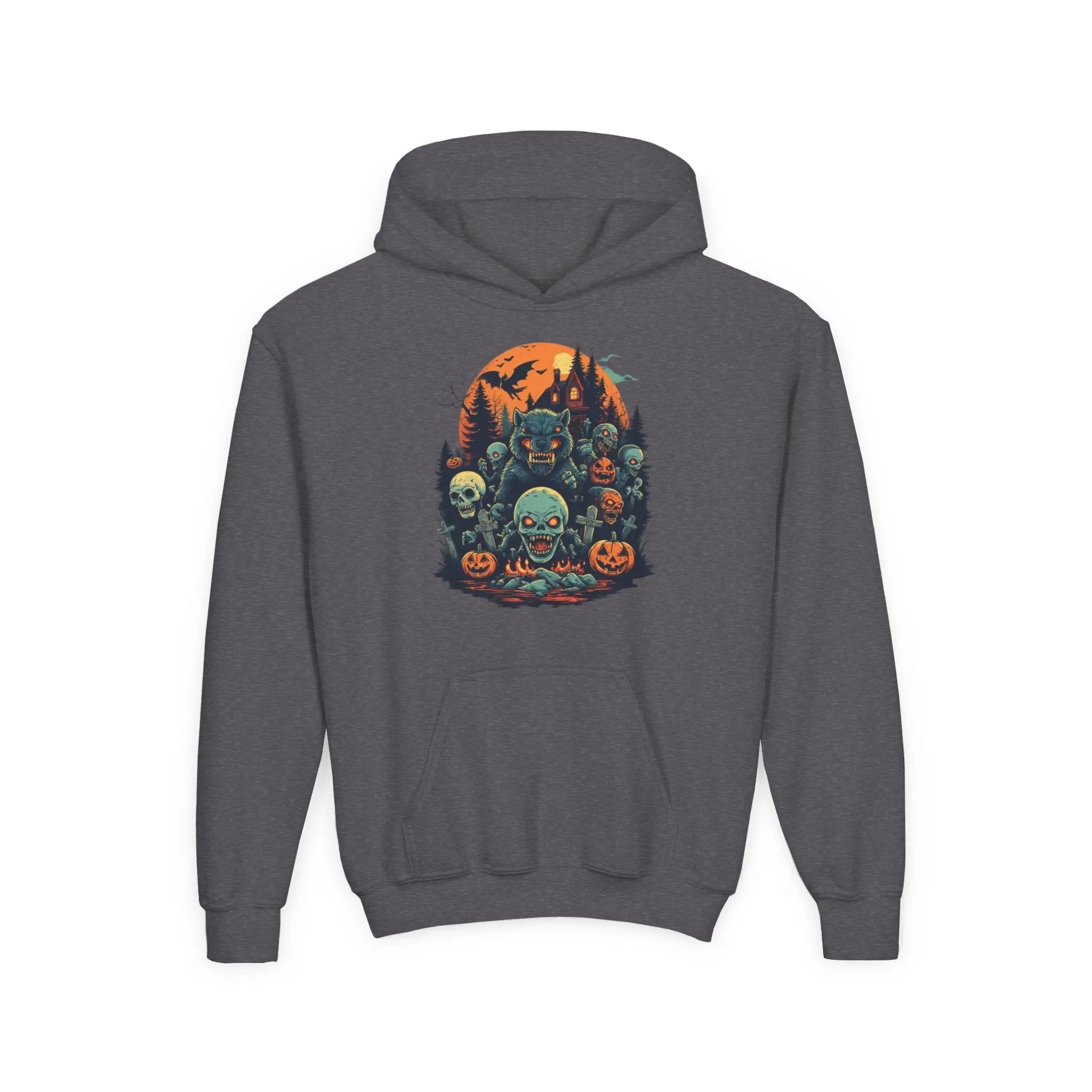 Gray hoodie with a colorful Halloween graphic design of werewolves, zombies, and other cryptids on a white background