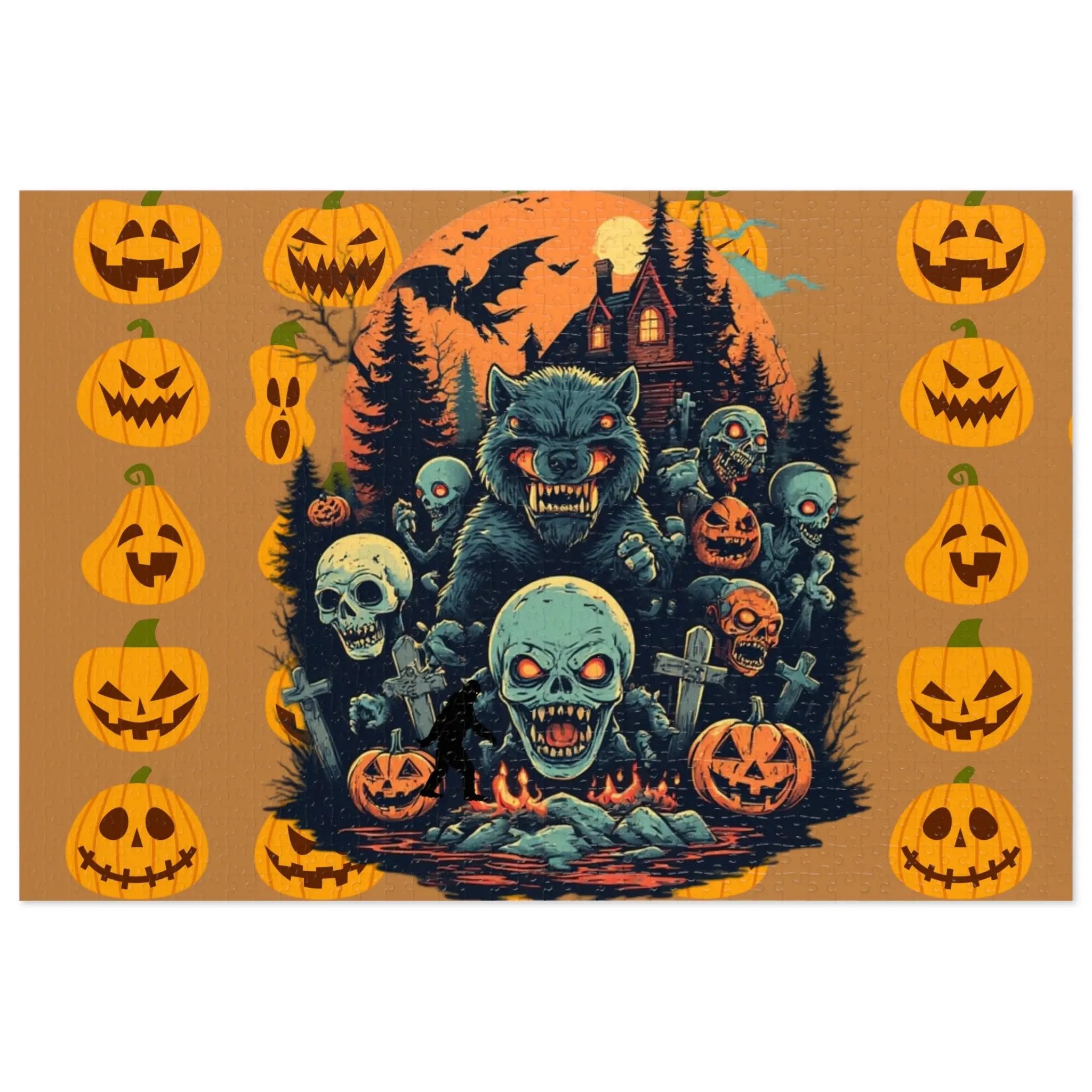 Halloween-themed design with a wolf, skulls, and pumpkins on a brownish orange background.
