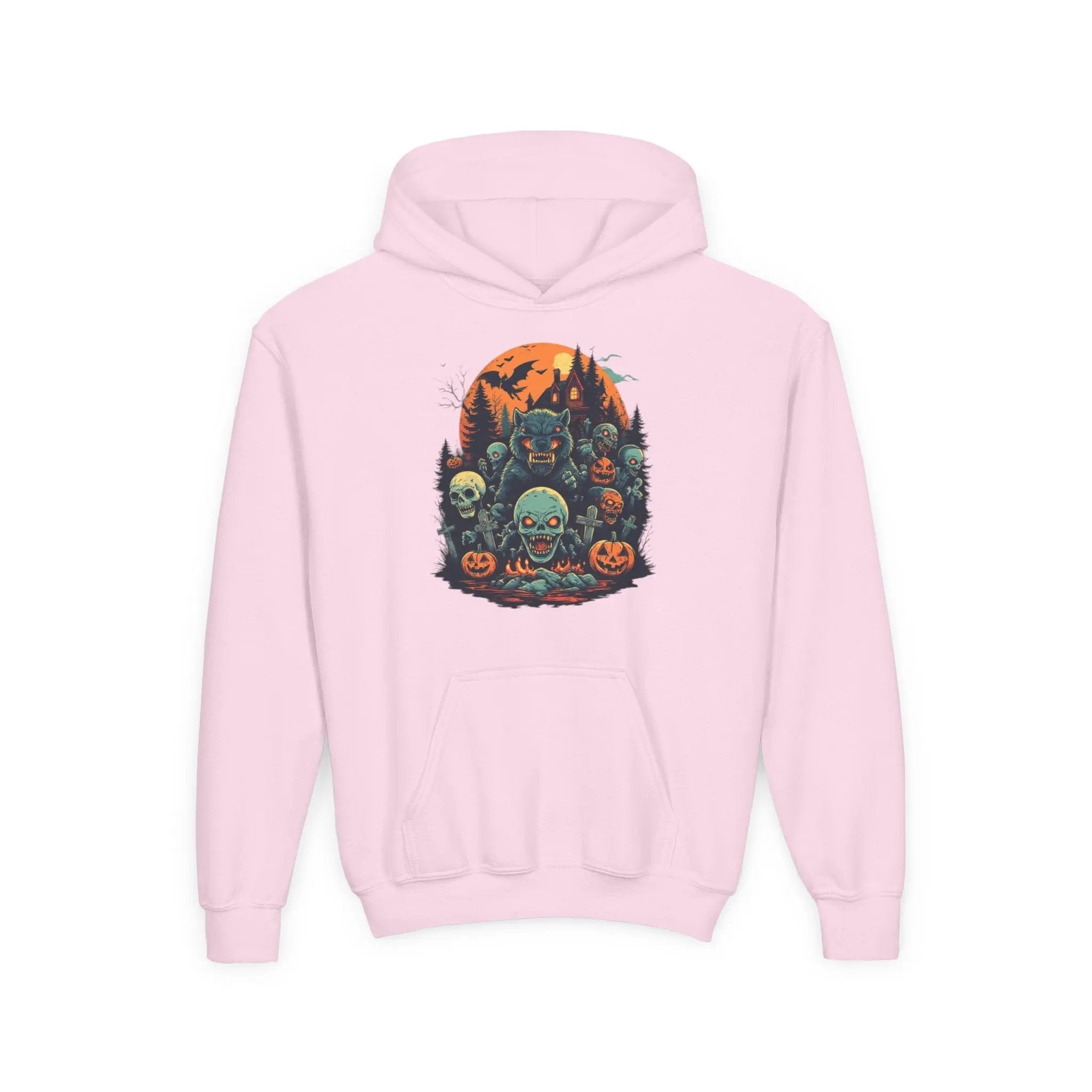 Pink hoodie with a colorful Halloween graphic design of werewolves, zombies, and other cryptids on a white background