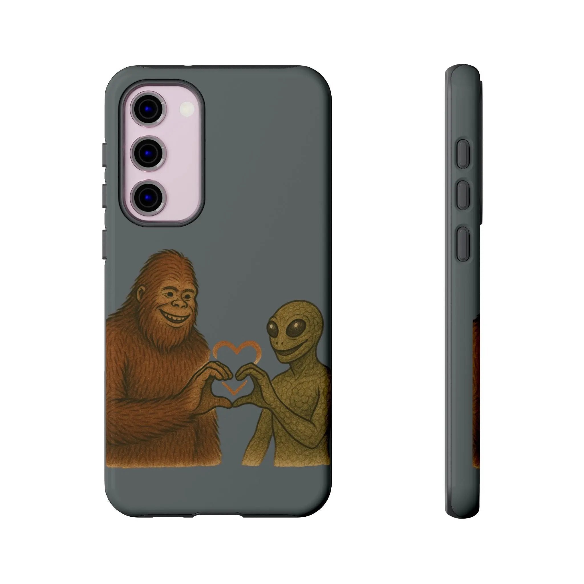 Bigfoot & Lizard Person Hand Heart Phone Case – Fun & Unique Cryptid Design, Perfect Gift for Adults Printify
