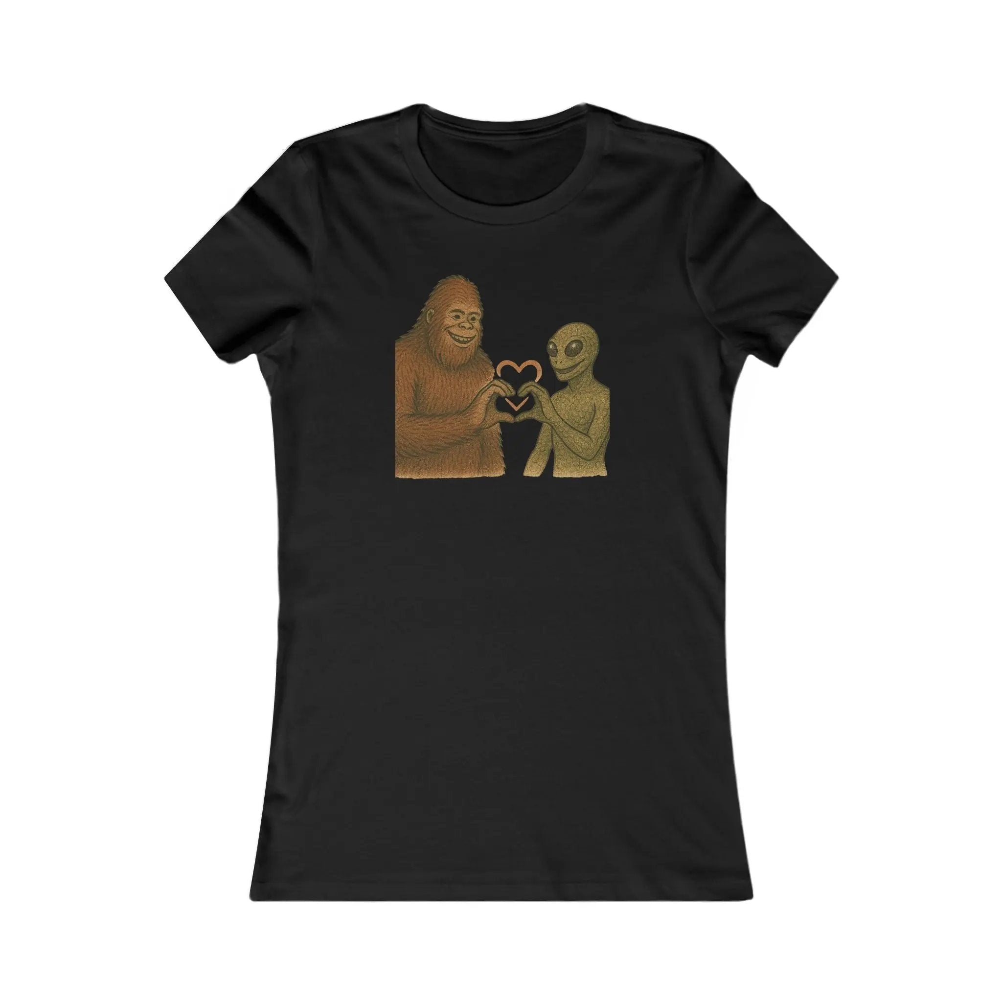 Black t-shirt with a graphic of a bigfoot and an alien holding hands making a heart symbol on a white background