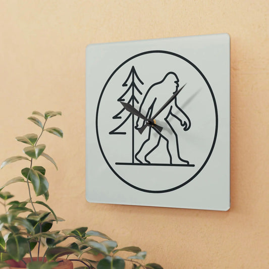Bigfoot Pine Tree Acrylic Wall Clock — Minimal Single-Line Black & White Printify