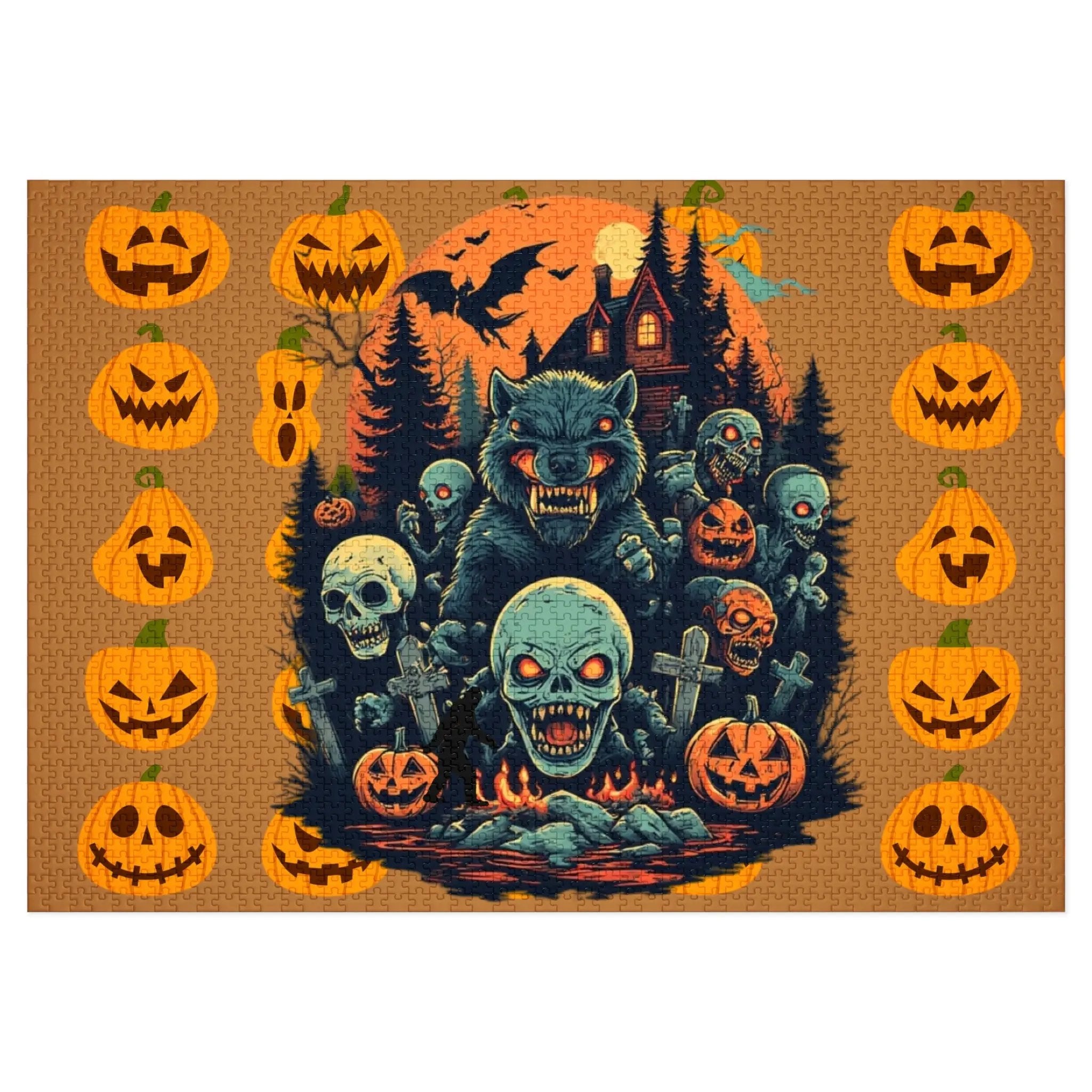 Halloween-themed puzzle with pumpkins, a wolf, and skulls on a brownish orange background.
