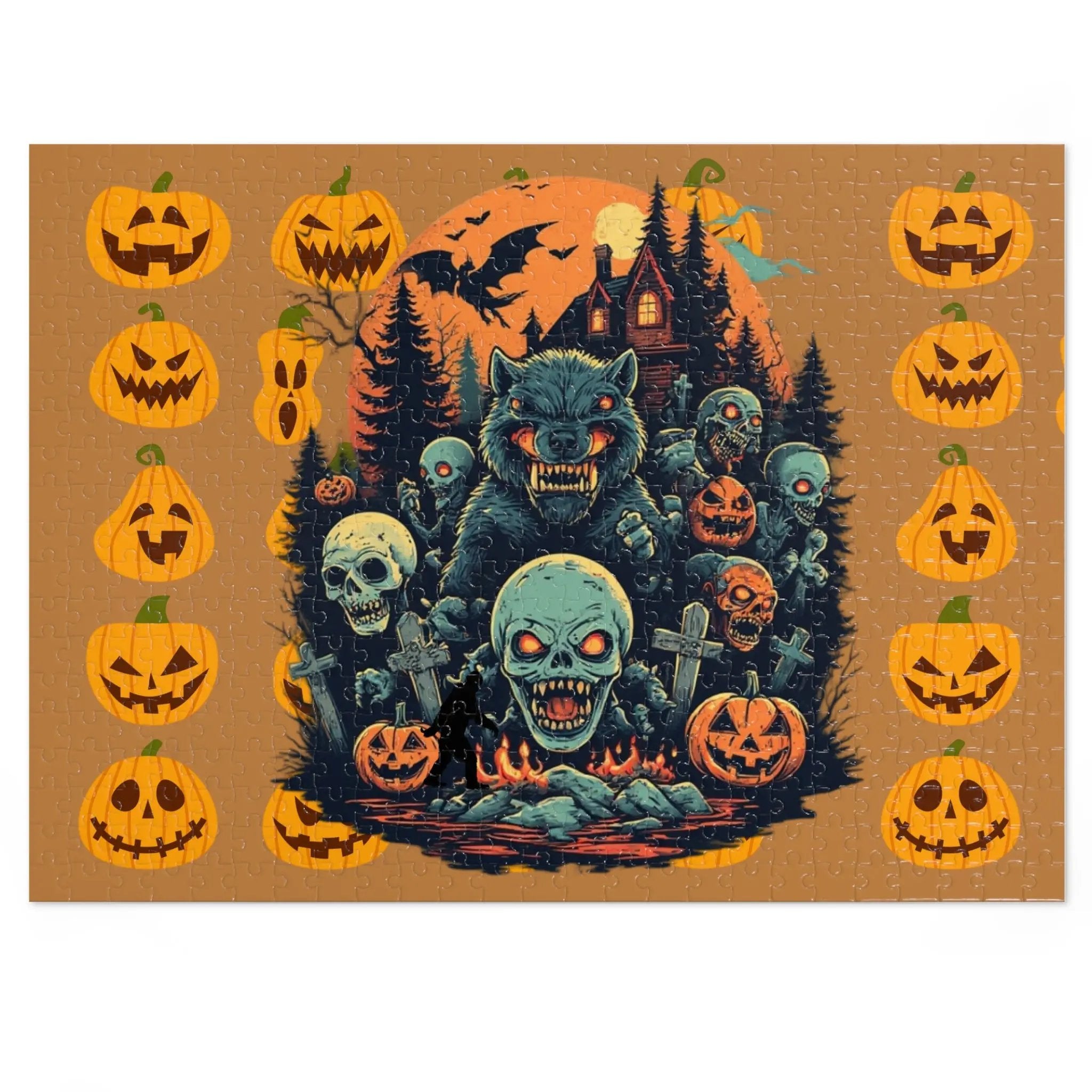Halloween-themed design with a wolf, skulls, and pumpkins on a brownish orange background.