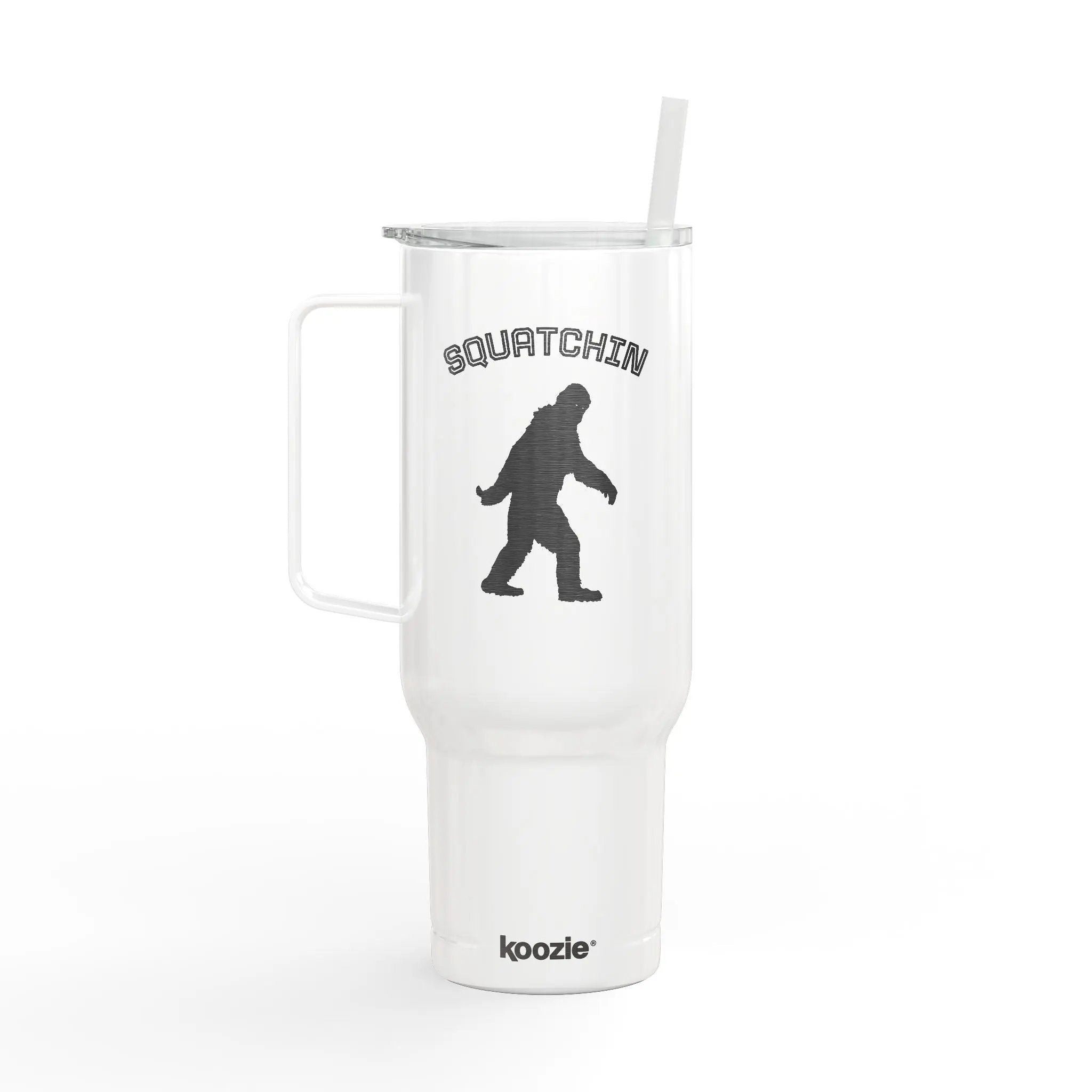 White tumbler with 'Squatchin' and Bigfoot design on a white background