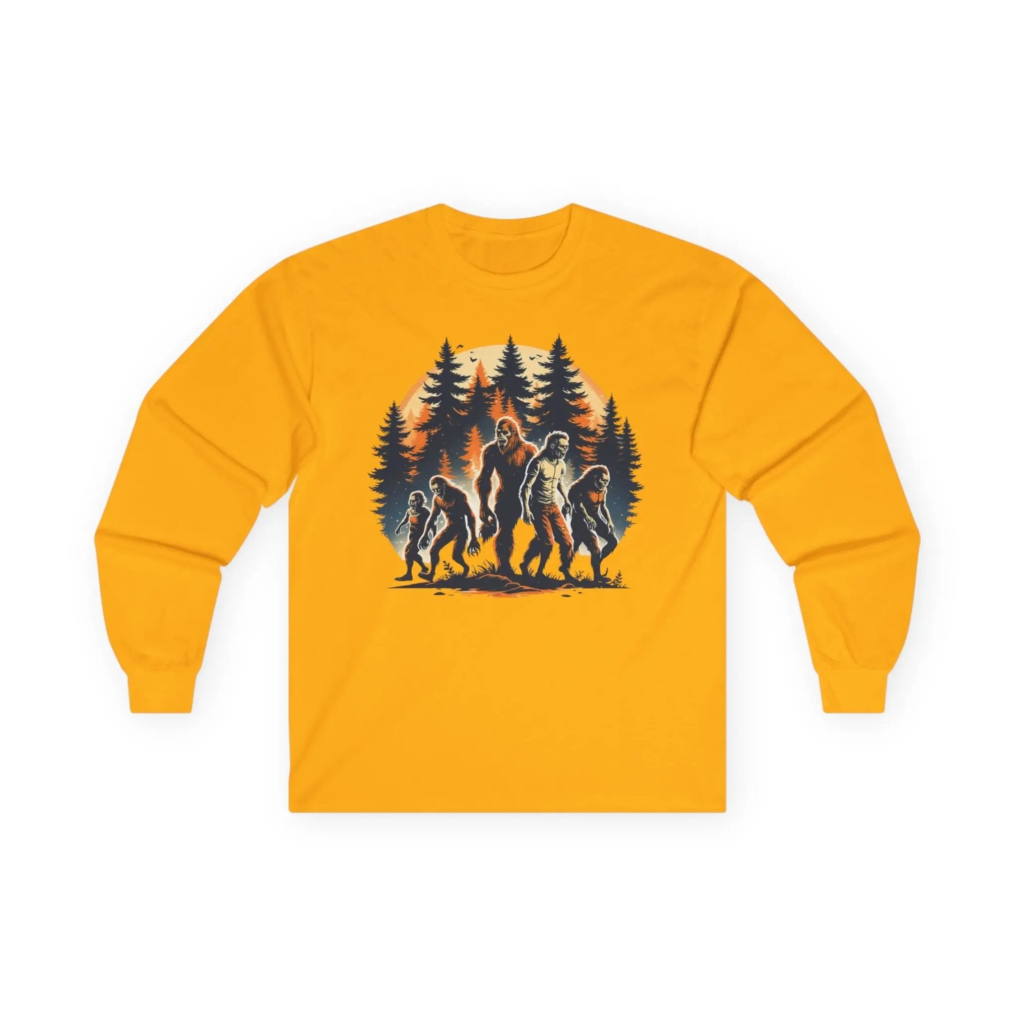 Unisex Bigfoot Long Sleeve Tee – Forest & Camping Shirt, Outdoor Adventure Gift, Halloween & Nature Apparel Printify