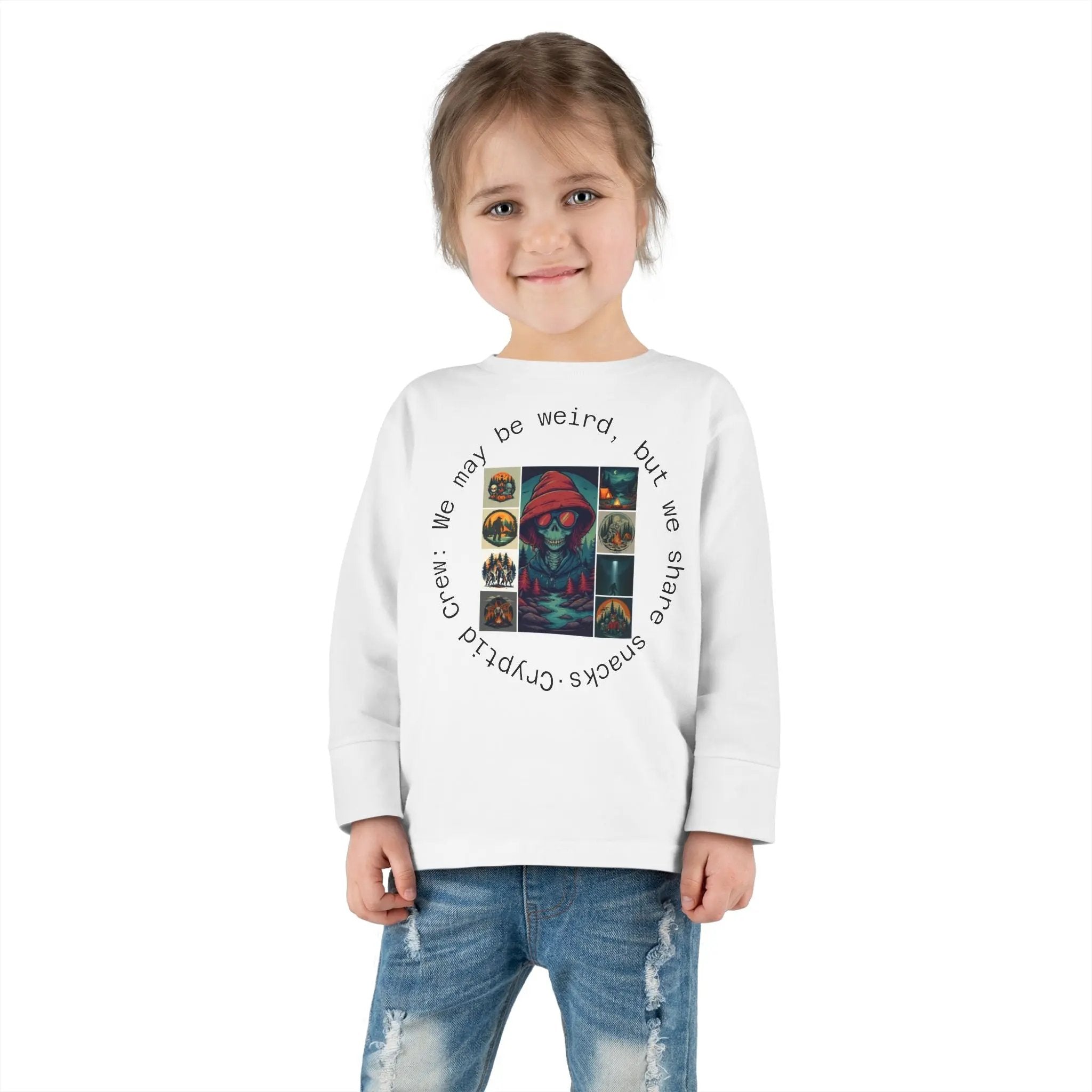 Child wearing a white sweatshirt with a colorful graphic collage and text on a white background