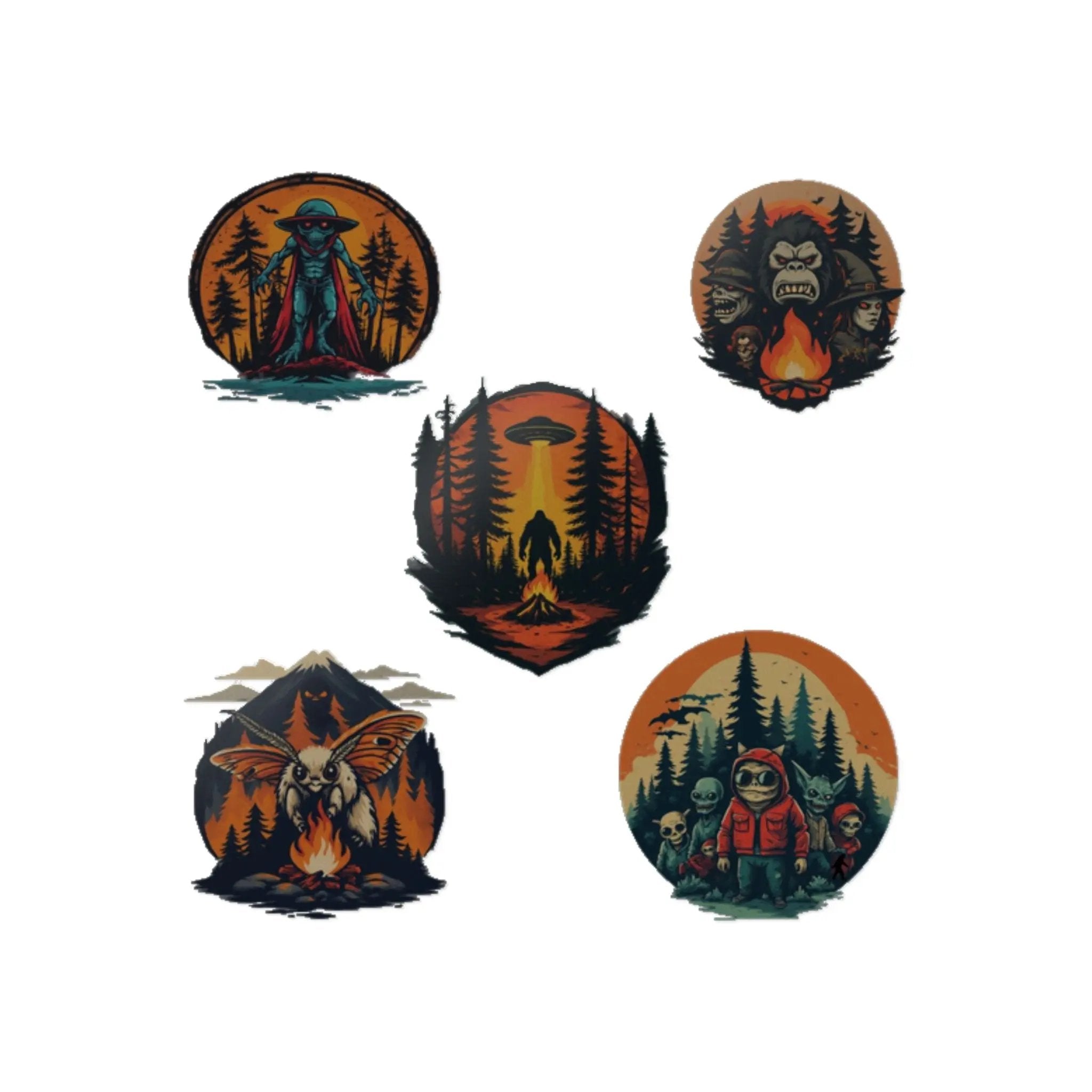 Set of five illustrated stickers featuring various designs on a white background