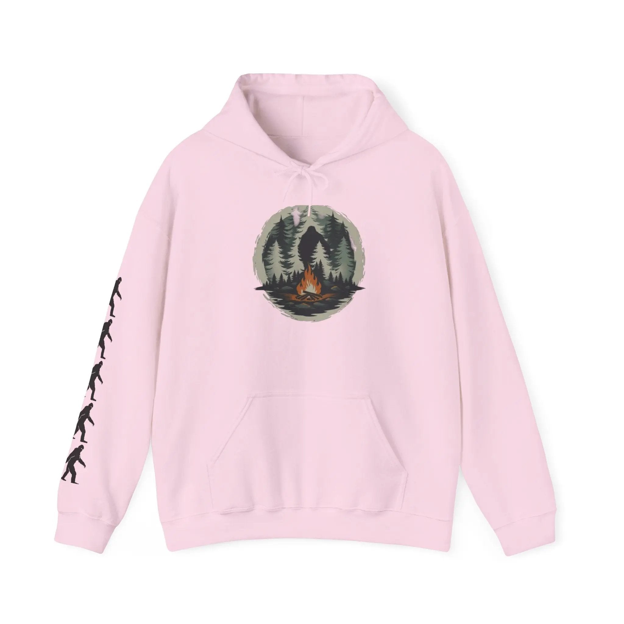 Pink hoodie with a graphic design and black bigfoot silhouettes on the right sleeve on a white background on a white background