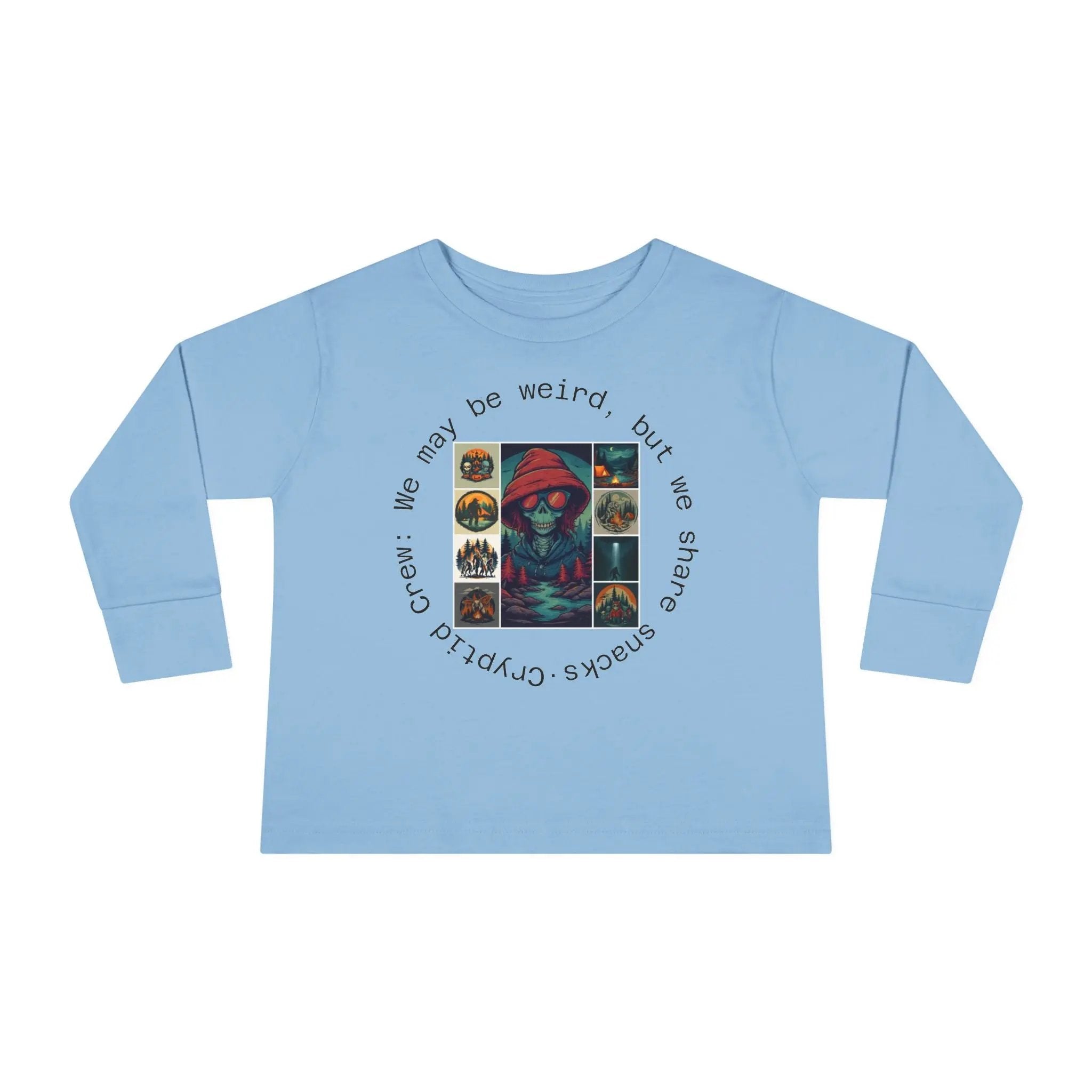 Toddler Light blue long-sleeve shirt with graphic collage design and text on a white background