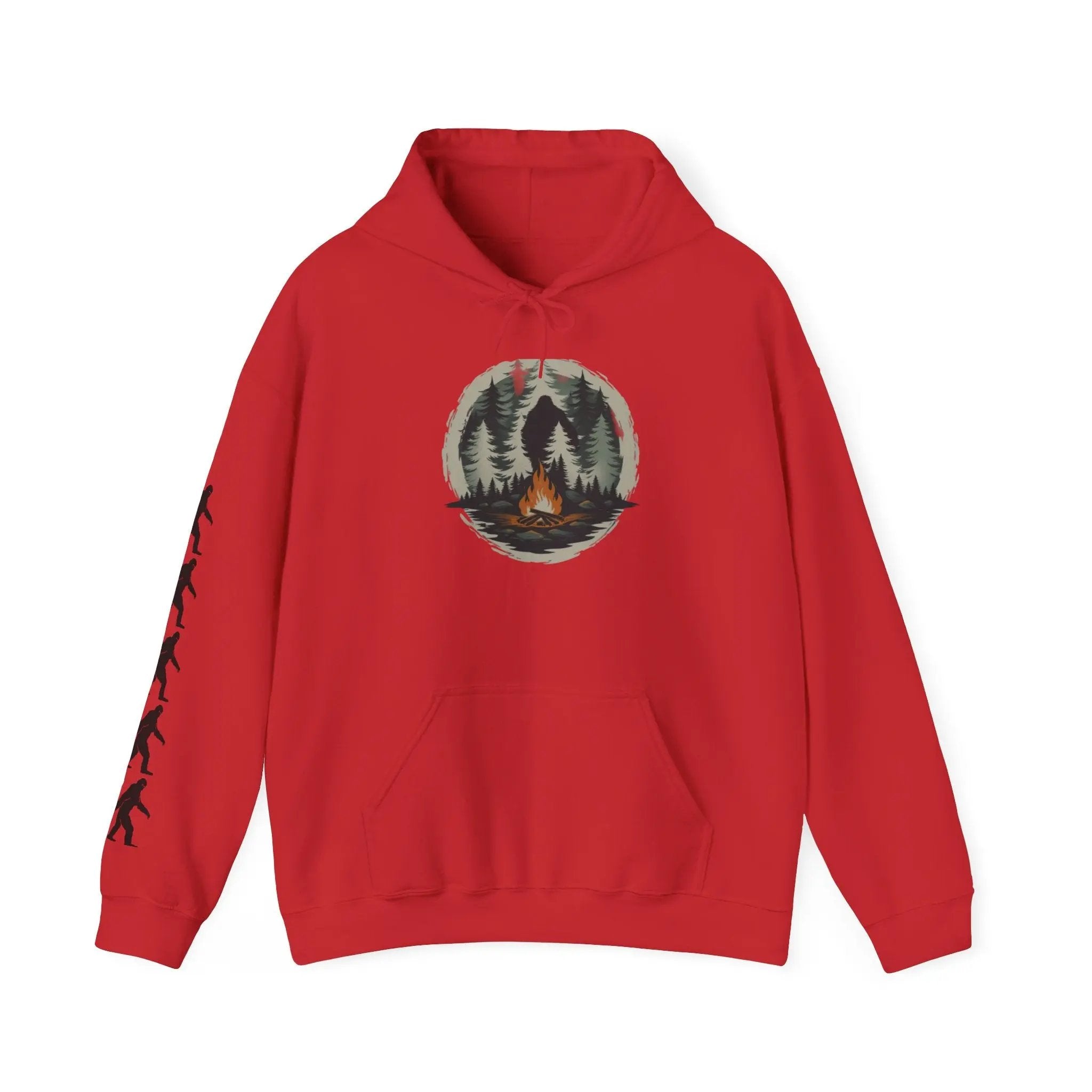 Red hoodie with a nature graphic and black bigfoot silhouettes on the right sleeve on a white background on a white background
