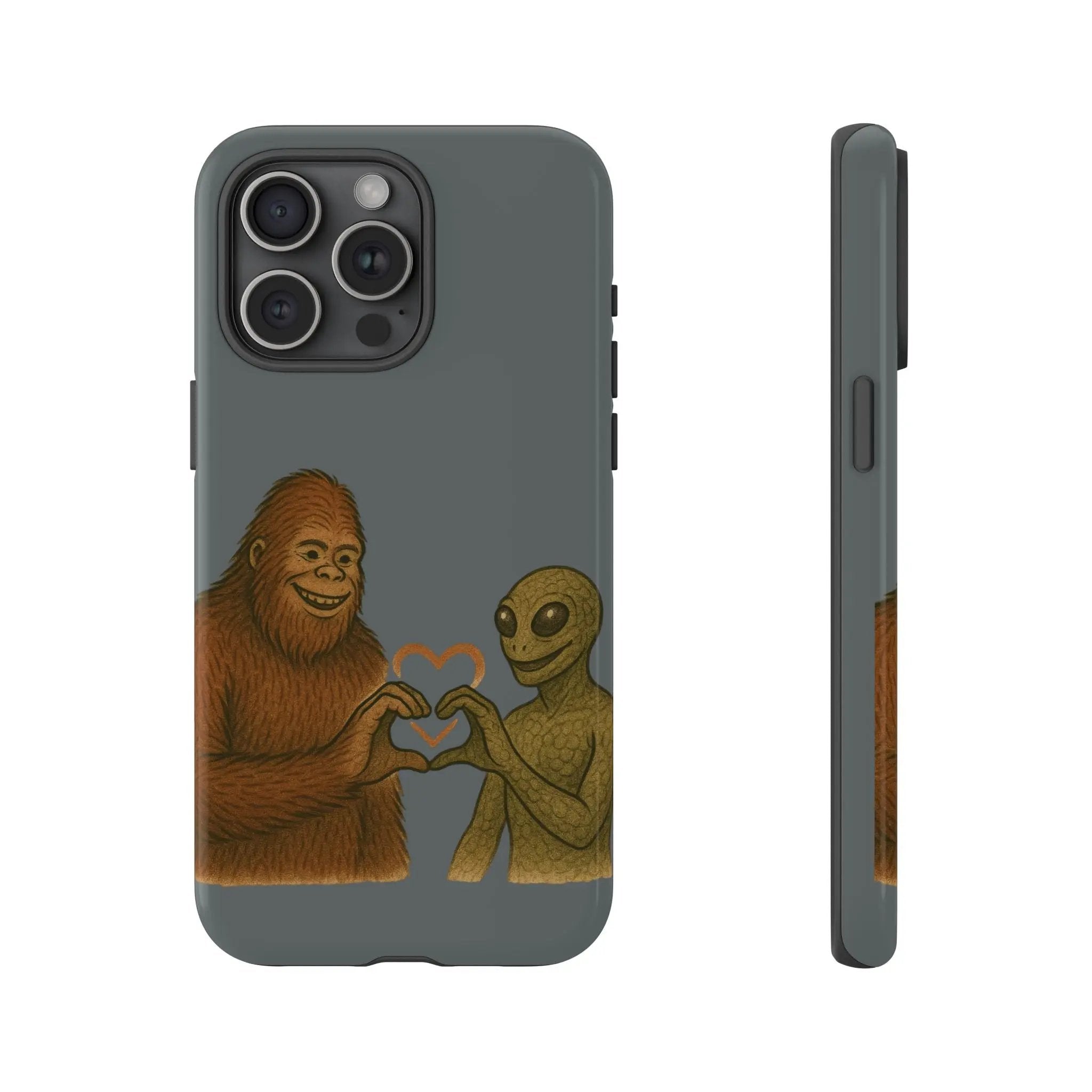 Bigfoot & Lizard Person Hand Heart Phone Case – Fun & Unique Cryptid Design, Perfect Gift for Adults Printify