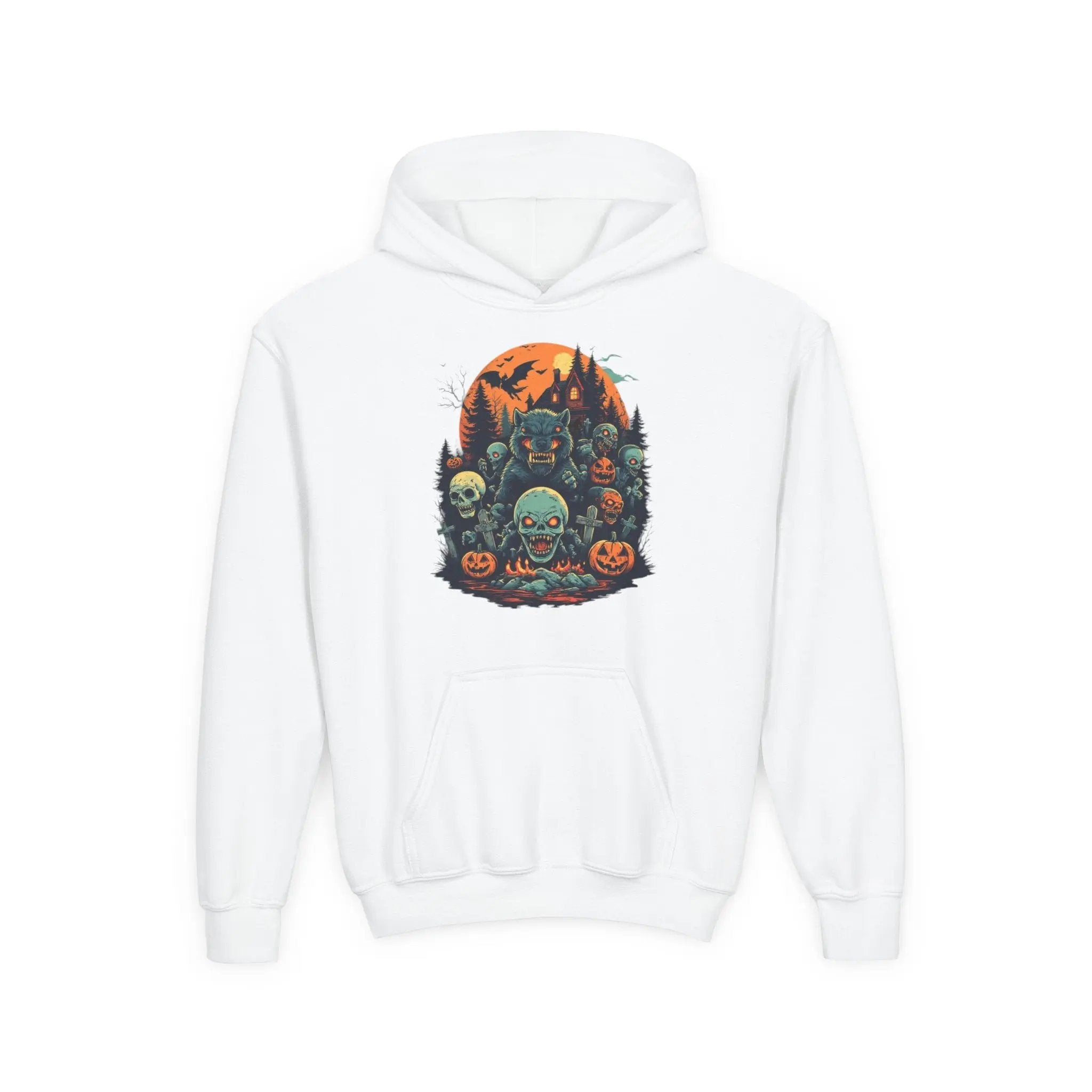 White hoodie with a colorful Halloween graphic design of werewolves, zombies, and other cryptids on a white background