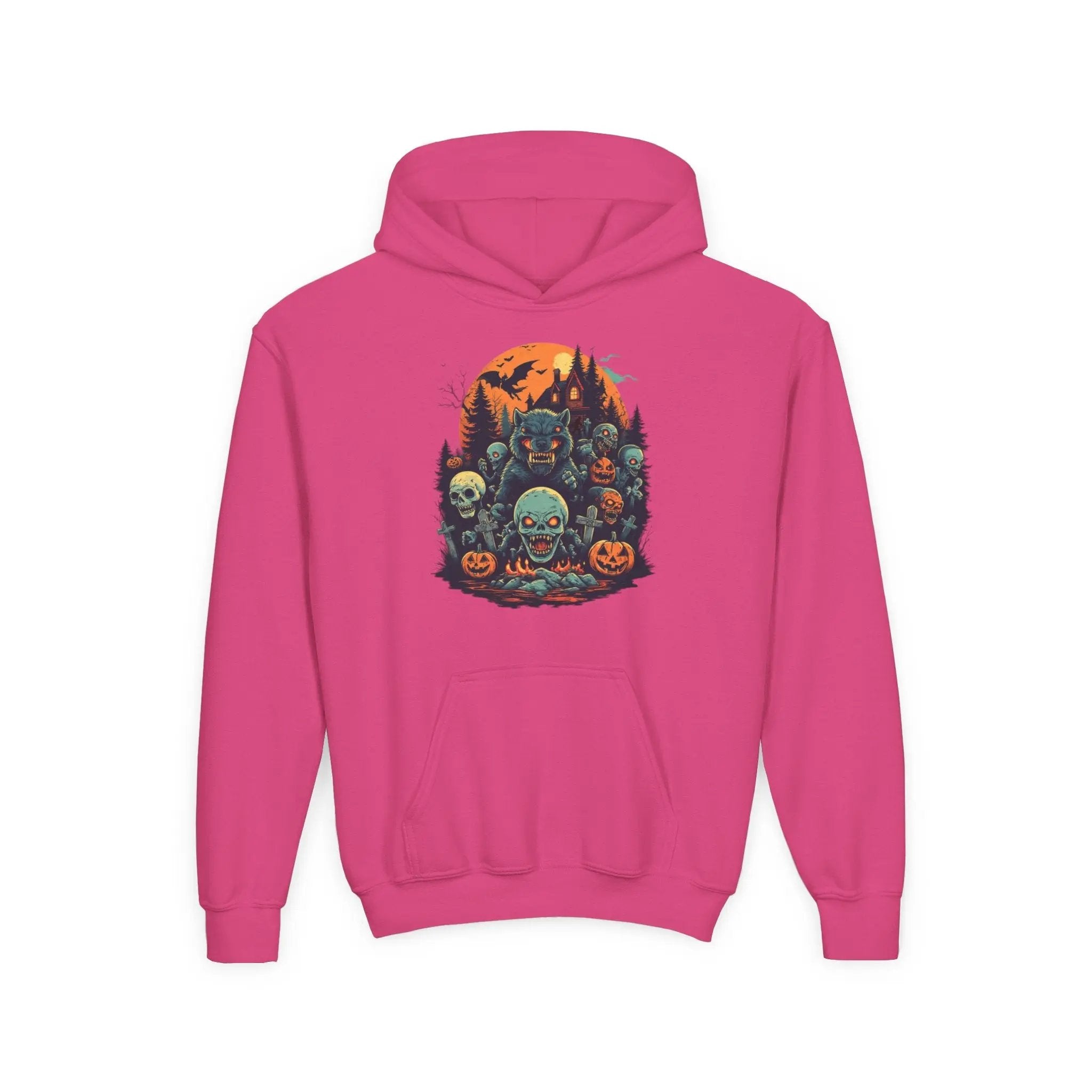 Pink hoodie with a colorful Halloween graphic design of werewolves, zombies, and other cryptids on a white background