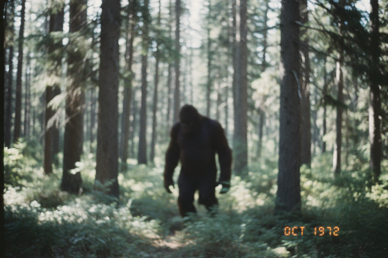 blurry photograph of a bigfoot in a forest