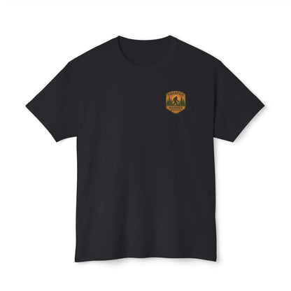 Adventure Patch T-Shirt — Vintage Mountain Forest Logo Tee | Outdoors Lifestyle Shirt