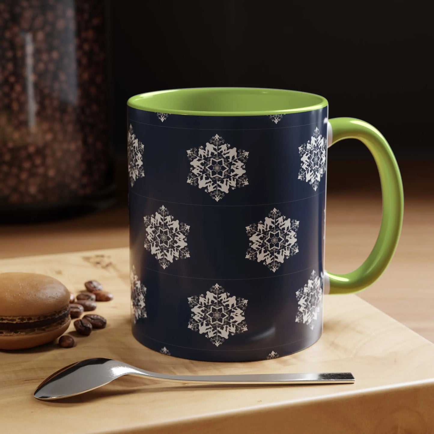 Bigfoot Snowflake Accent Coffee Mug – Navy Holiday Ceramic Cup (11oz/15oz) Printify