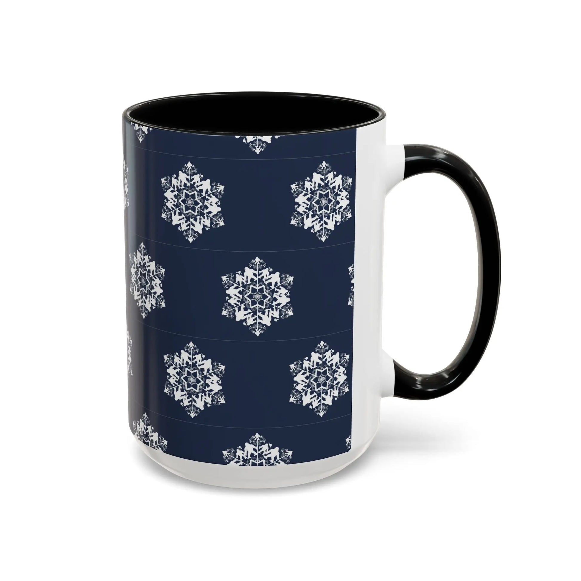 Bigfoot Snowflake Accent Coffee Mug – Navy Holiday Ceramic Cup (11oz/15oz) Printify