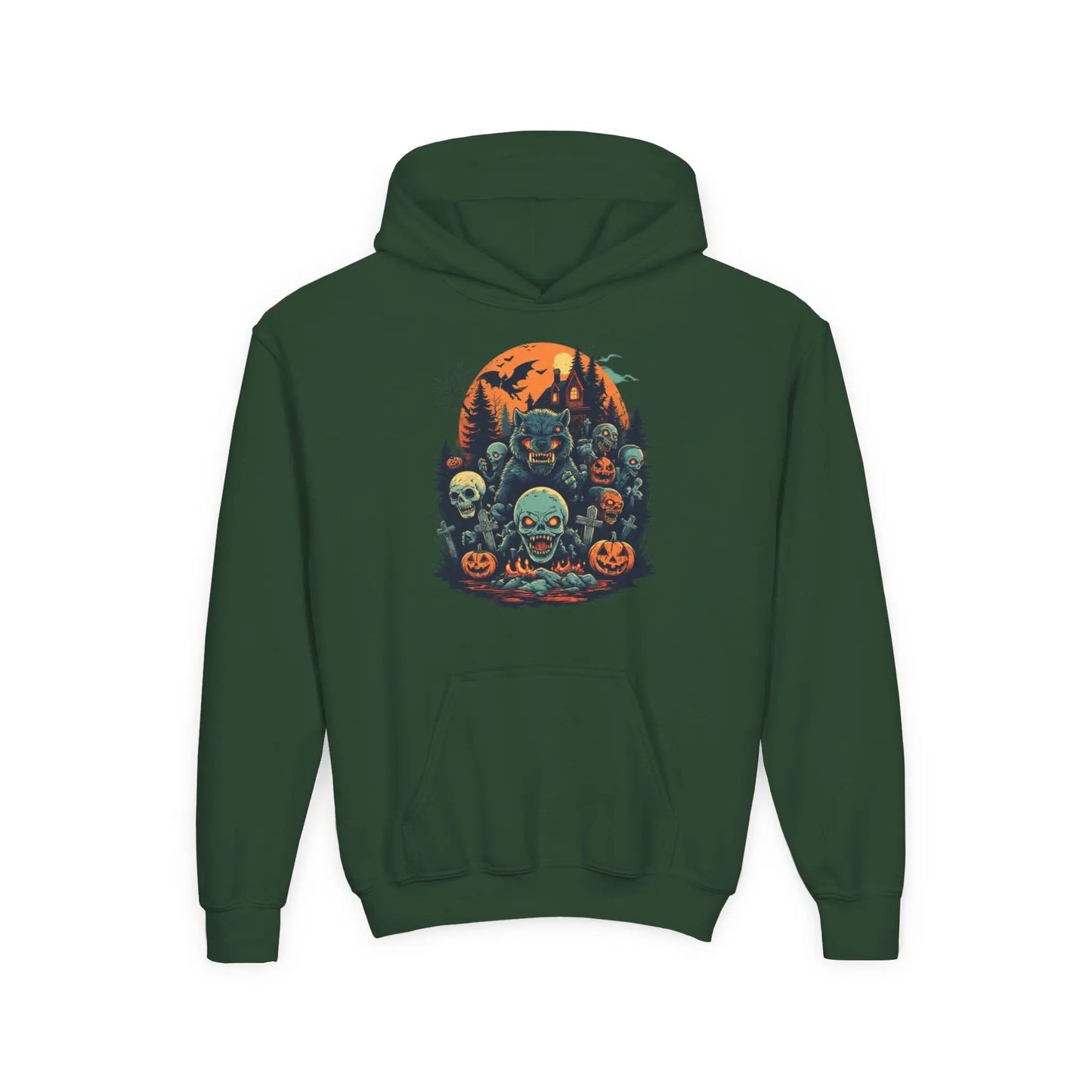 Green hoodie with a colorful Halloween graphic design of werewolves, zombies, and other cryptids on a white background