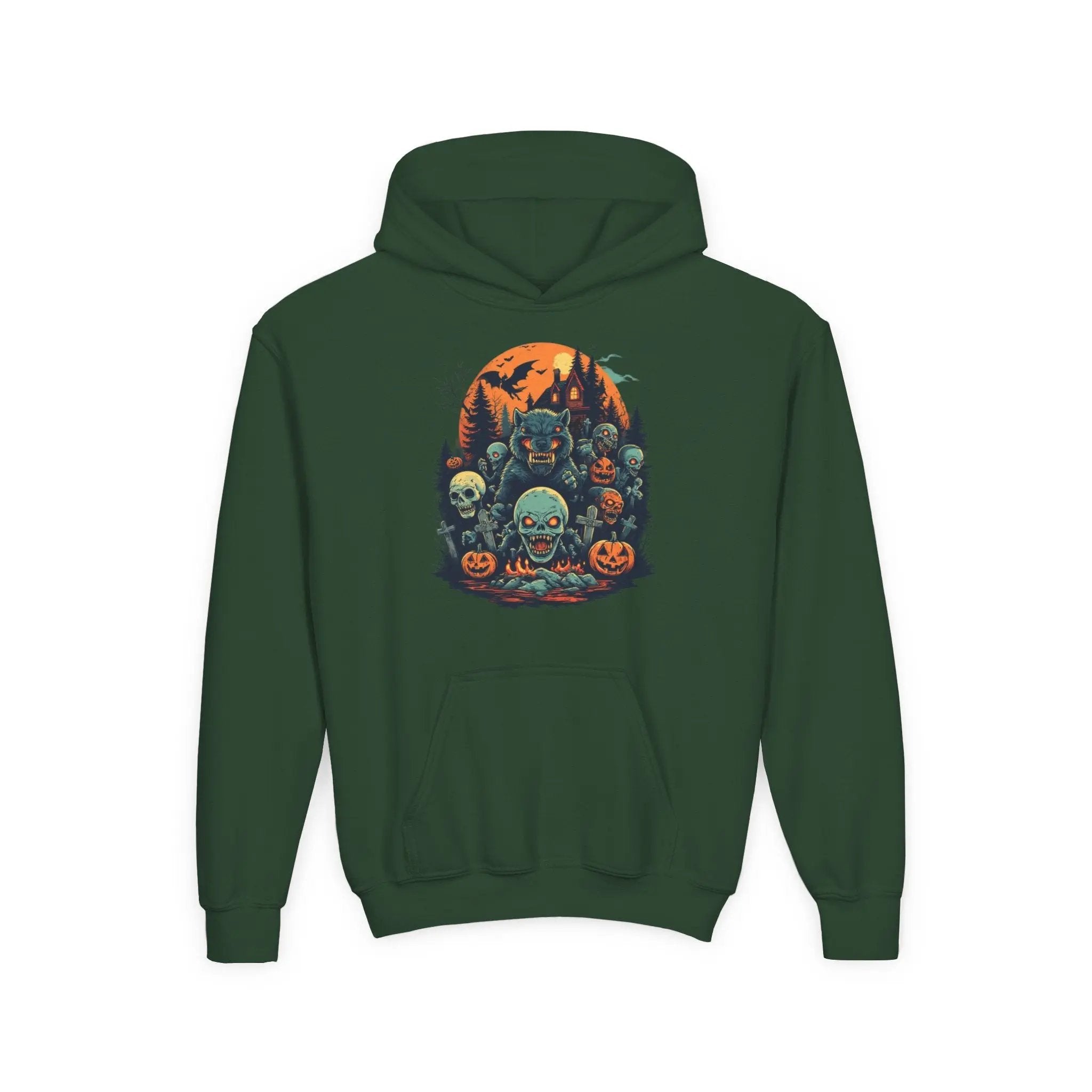 Green hoodie with a colorful Halloween graphic design of werewolves, zombies, and other cryptids on a white background
