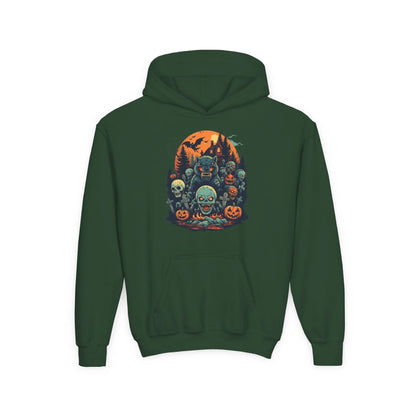 Green hoodie with a colorful Halloween graphic design of werewolves, zombies, and other cryptids on a white background