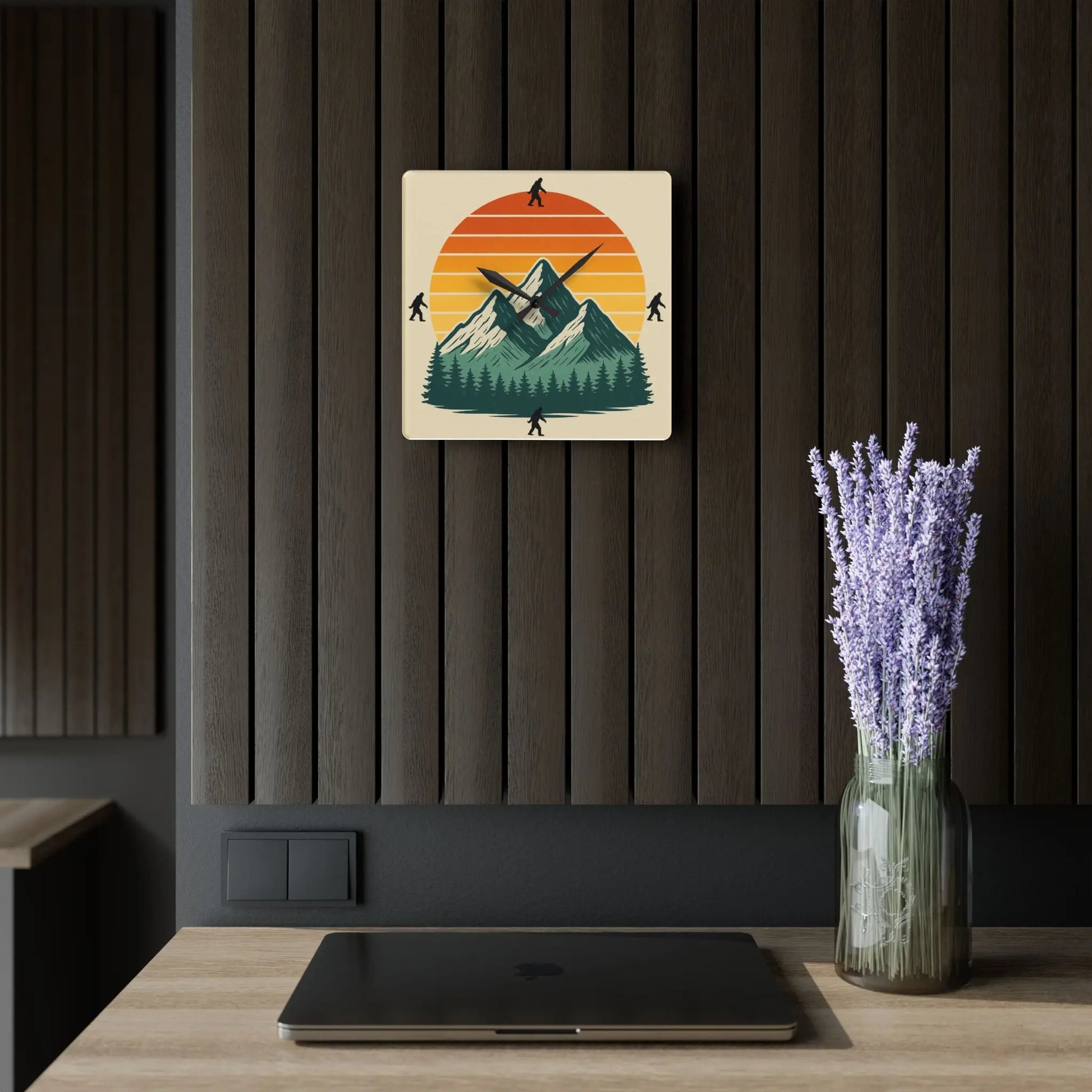 Bigfoot 70s Sunset Acrylic Wall Clock — Retro Striped Gradient Printify