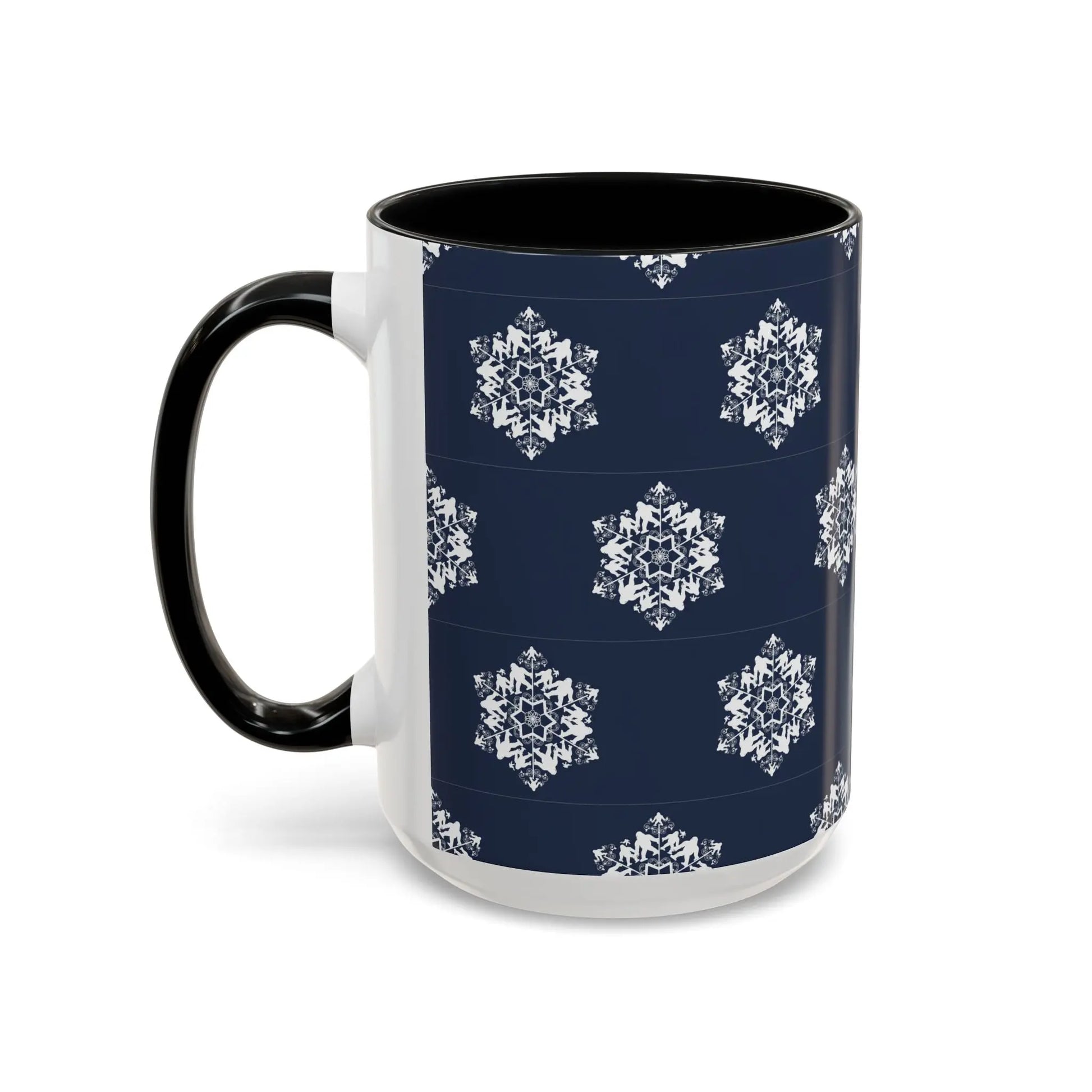 Bigfoot Snowflake Accent Coffee Mug – Navy Holiday Ceramic Cup (11oz/15oz) Printify
