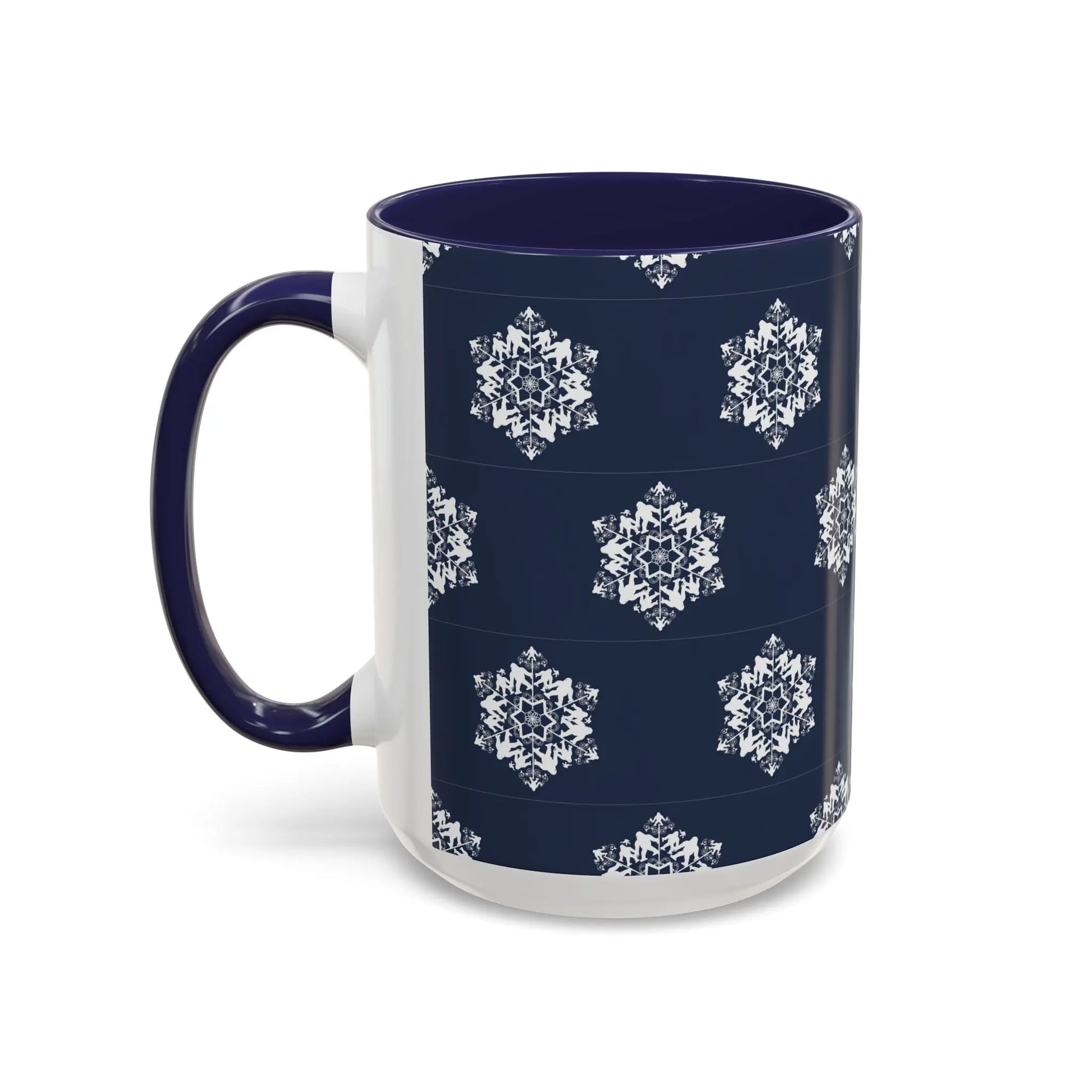 Bigfoot Snowflake Accent Coffee Mug – Navy Holiday Ceramic Cup (11oz/15oz) Printify
