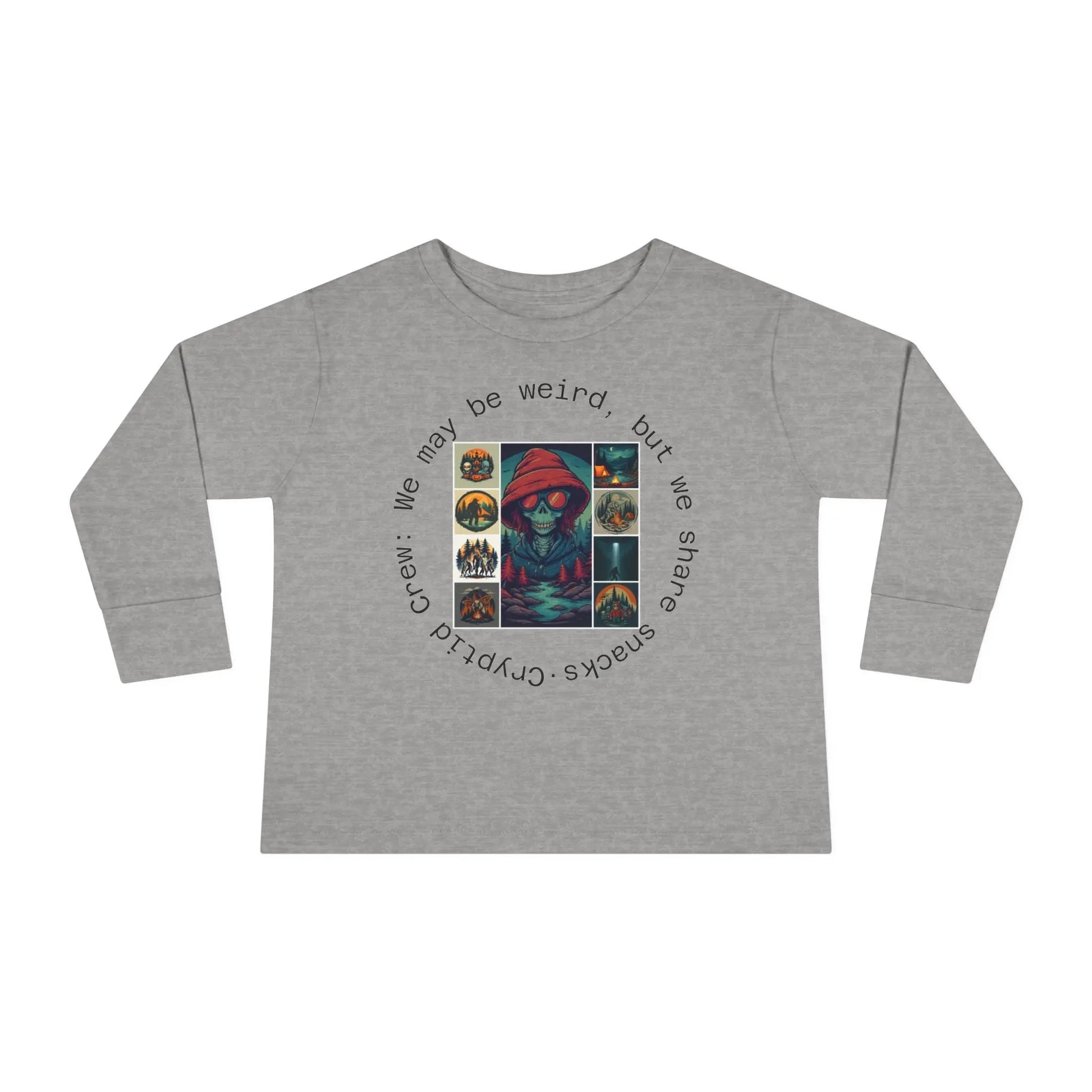 Toddler Gray long-sleeve shirt with a collage graphic design and text on a white background