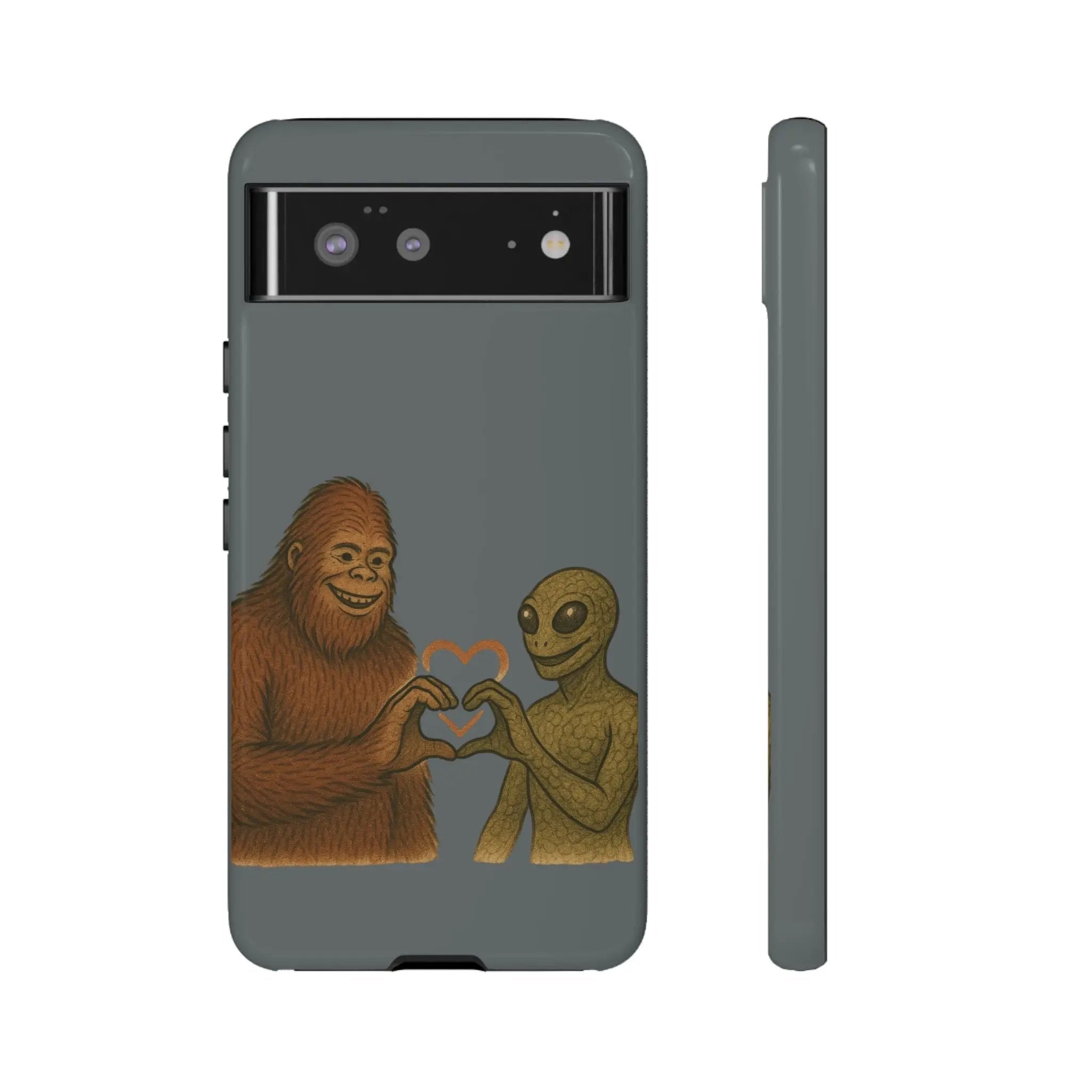 Bigfoot & Lizard Person Hand Heart Phone Case – Fun & Unique Cryptid Design, Perfect Gift for Adults Printify