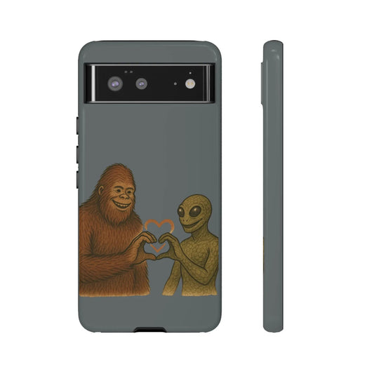 Bigfoot & Lizard Person Hand Heart Phone Case – Fun & Unique Cryptid Design, Perfect Gift for Adults Printify