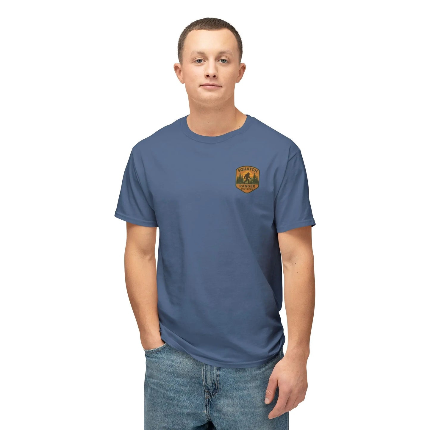 Adventure Patch T-Shirt — Vintage Mountain Forest Logo Tee | Outdoors Lifestyle Shirt