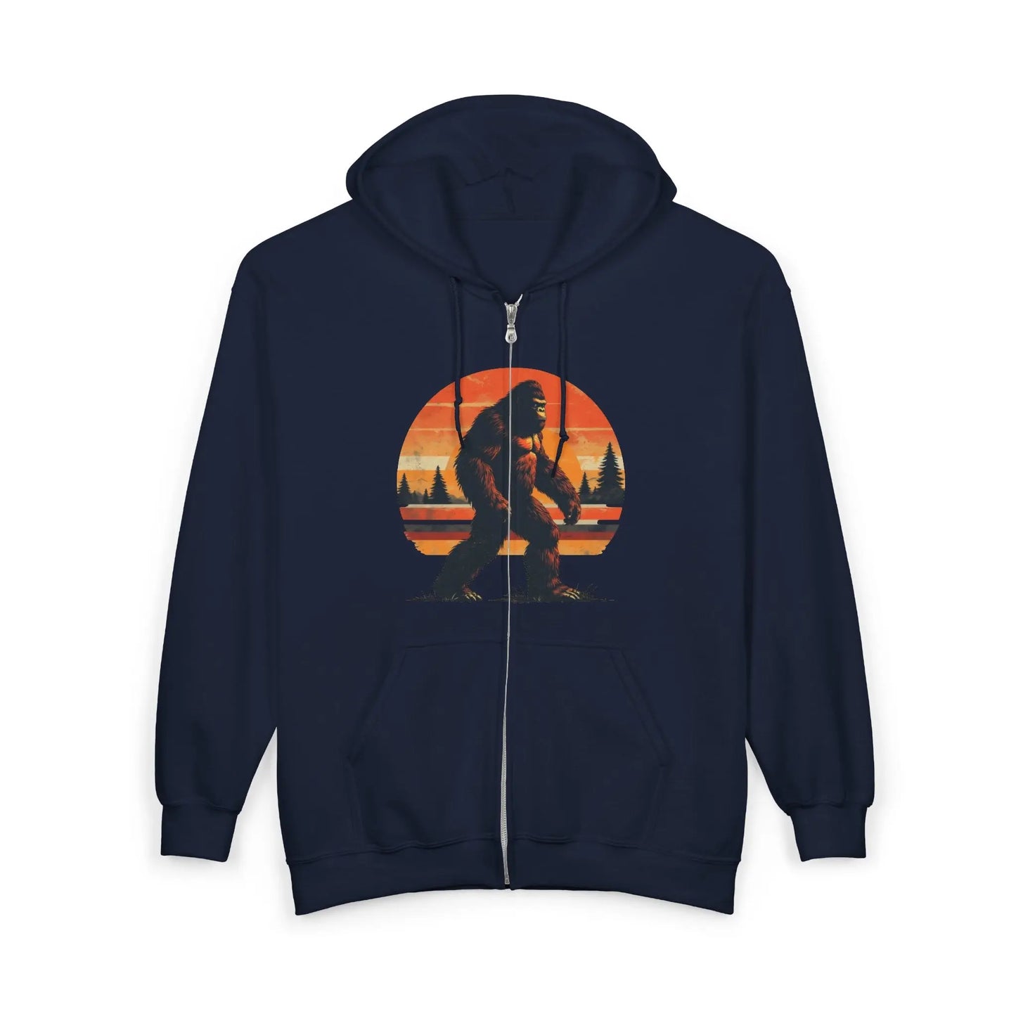 Sunset Sasquatch Zip-Up Hoodie – Warm, Durable Outdoor Layer Printify