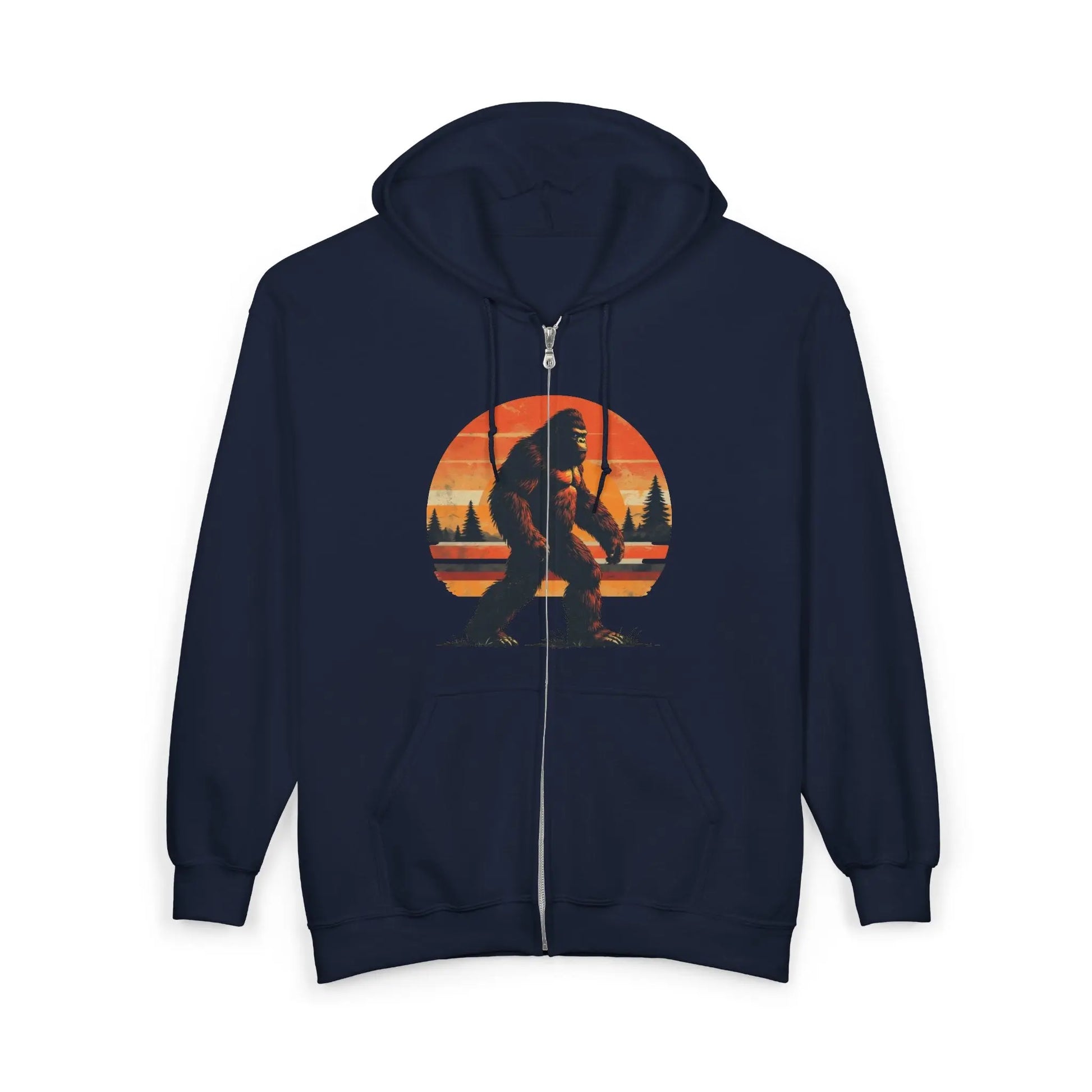 Sunset Sasquatch Zip-Up Hoodie – Warm, Durable Outdoor Layer Printify