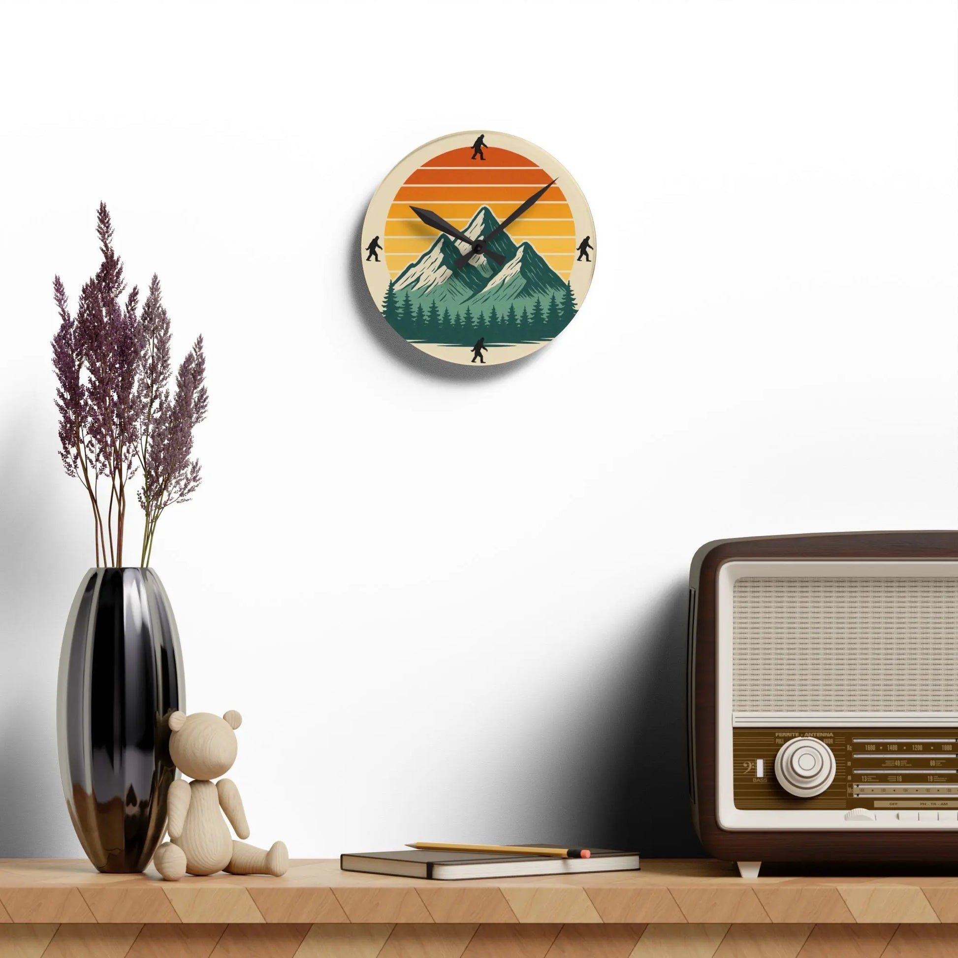Bigfoot 70s Sunset Acrylic Wall Clock — Retro Striped Gradient Printify