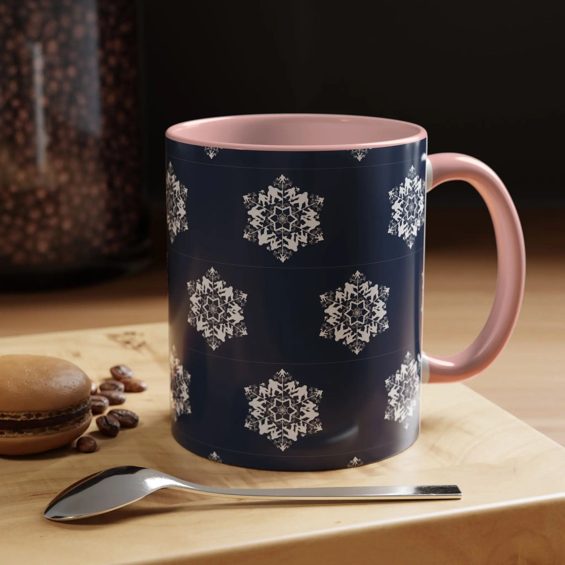Bigfoot Snowflake Accent Coffee Mug – Navy Holiday Ceramic Cup (11oz/15oz) Printify