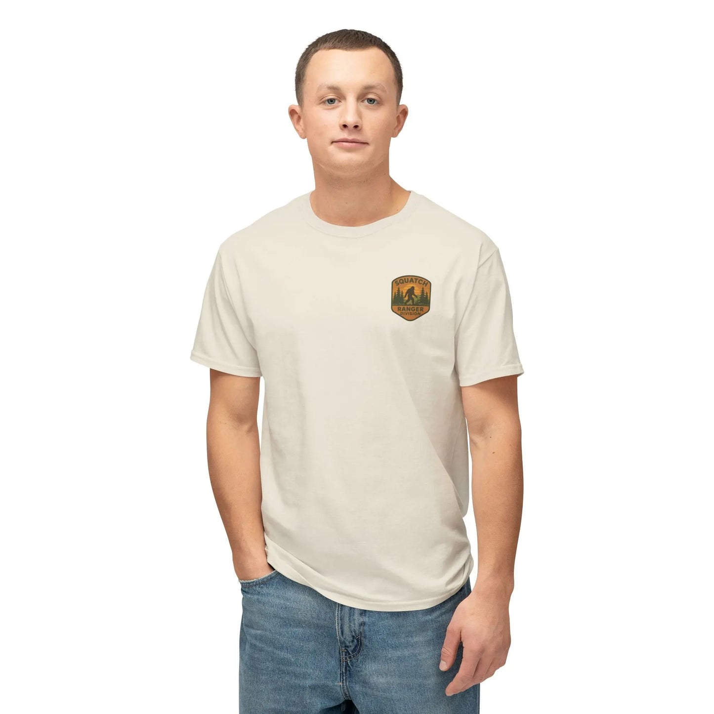 Adventure Patch T-Shirt — Vintage Mountain Forest Logo Tee | Outdoors Lifestyle Shirt
