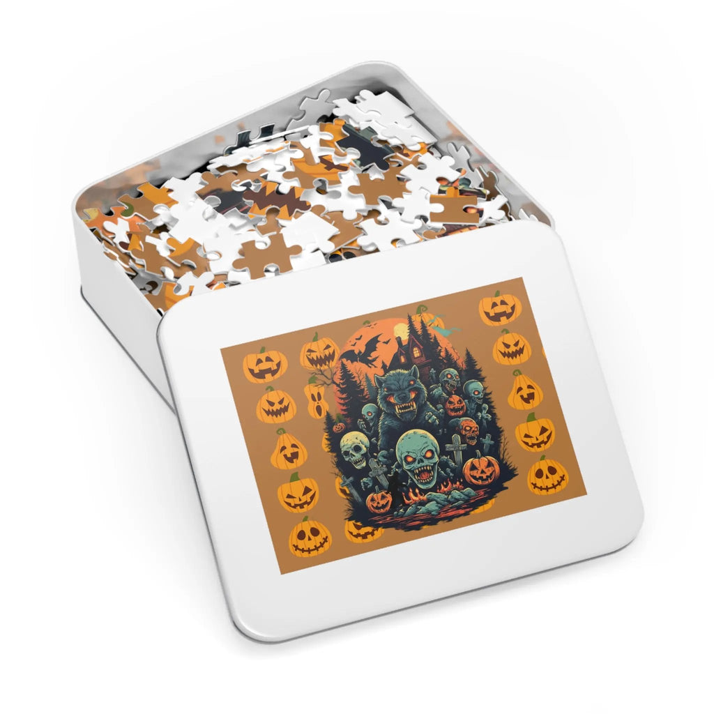 Halloween-themed puzzle in a tin box with a Halloween-themed illustration with a wolf, ghosts, and pumpkins on a brownish orange background.