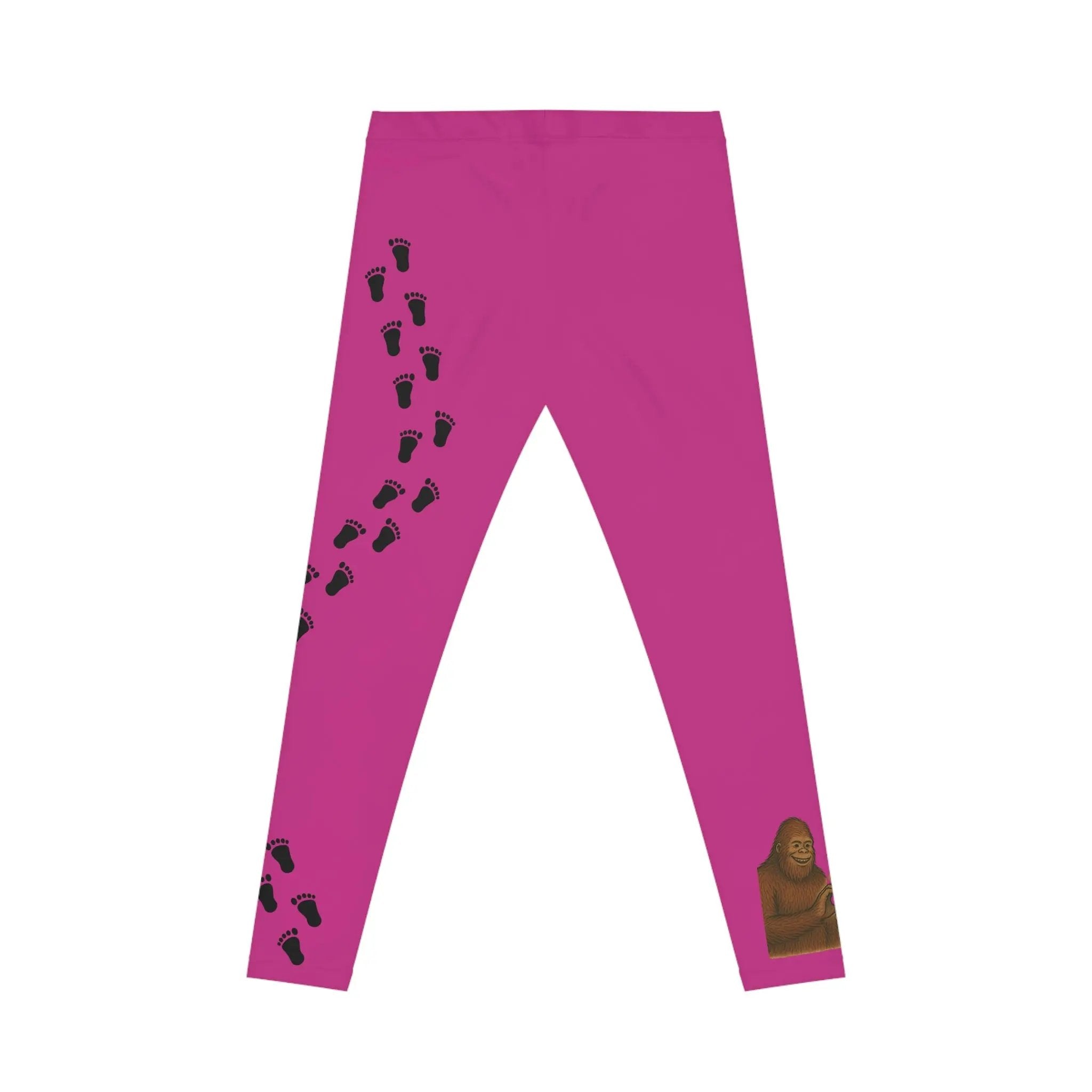 Back view of Pink leggings with bigfoot and alien heart hands on right leg and bigfoot print designs on left leg on a white background