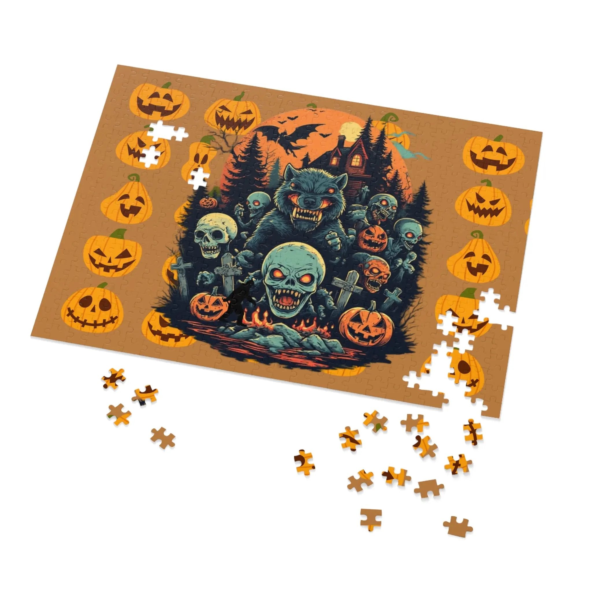 Halloween-themed puzzle with a wolf, ghosts, and pumpkins on a brownish orange background with pieces scattered on a white background