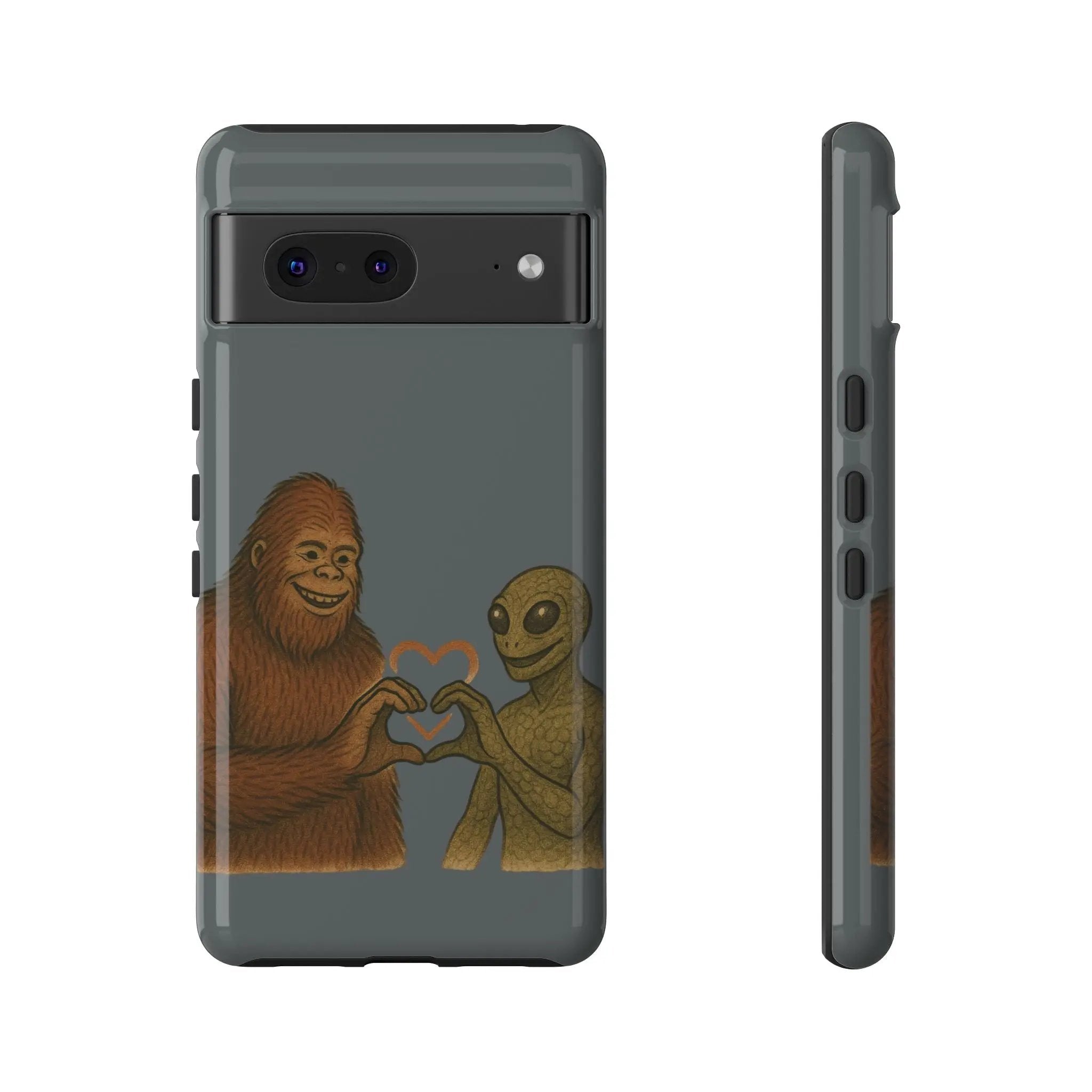 Bigfoot & Lizard Person Hand Heart Phone Case – Fun & Unique Cryptid Design, Perfect Gift for Adults Printify