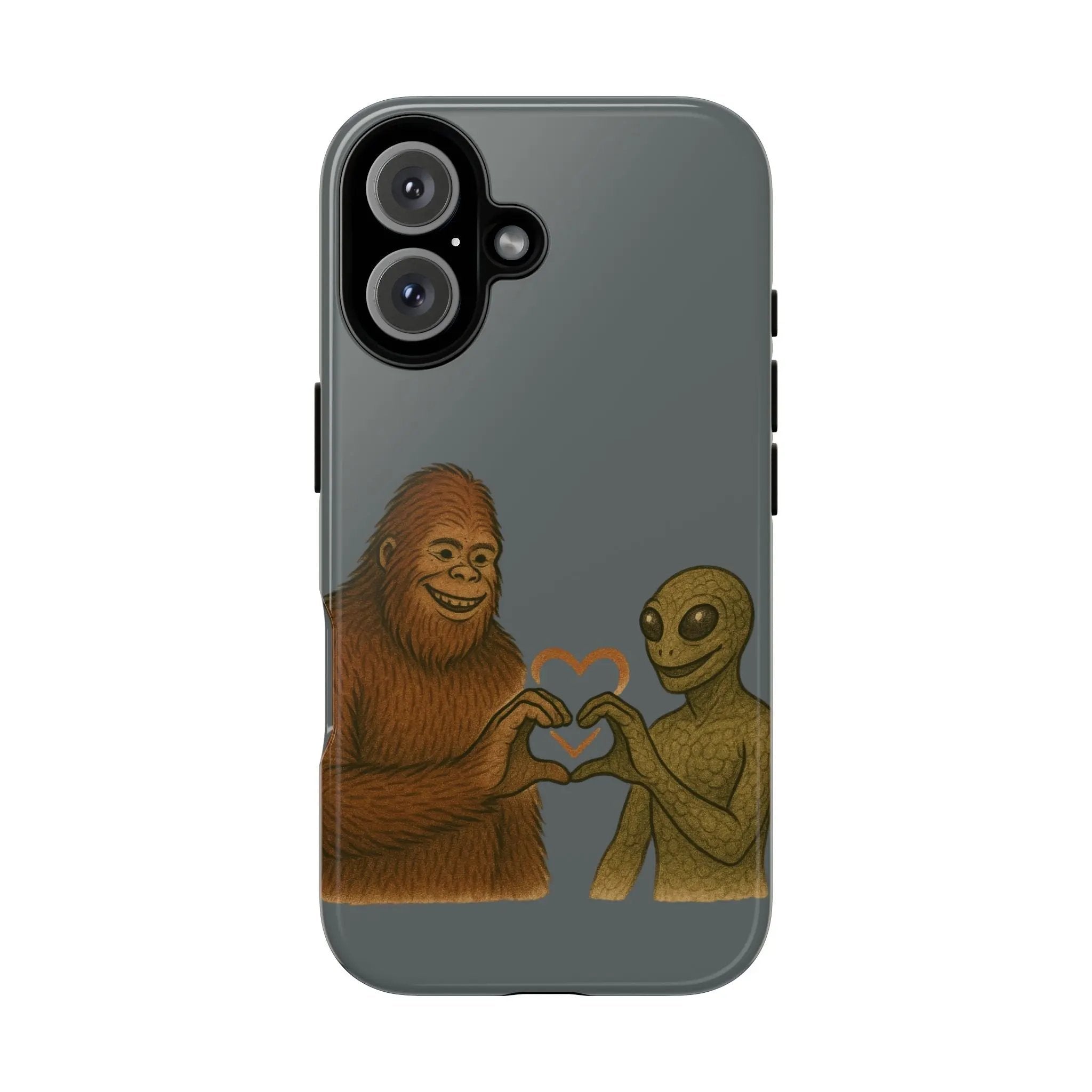 Bigfoot & Lizard Person Hand Heart Phone Case – Fun & Unique Cryptid Design, Perfect Gift for Adults Printify