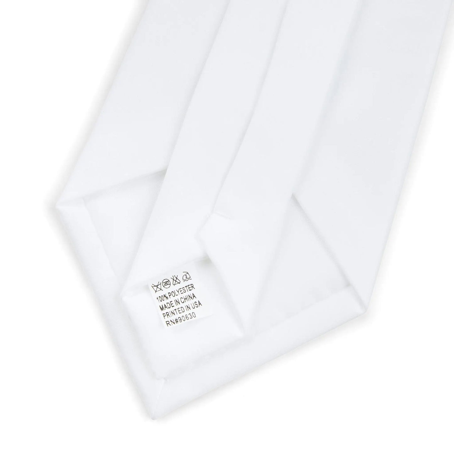White tie with 'Made in China' "Printed in USA' text on a white background