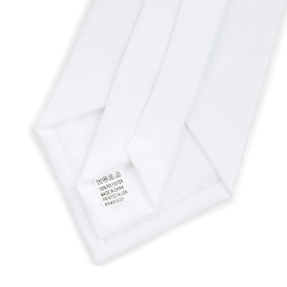 White tie with 'Made in China' "Printed in USA' text on a white background