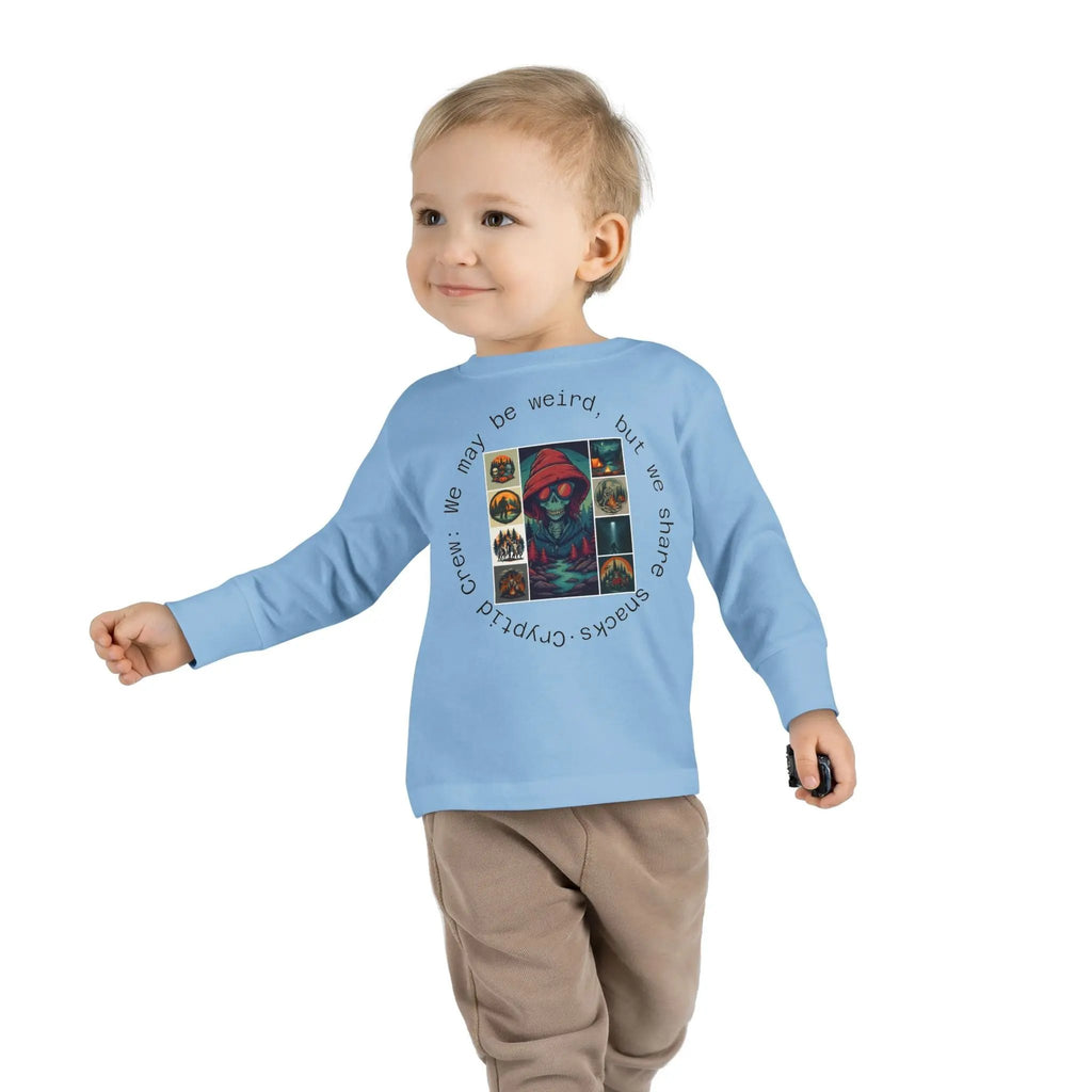 Child wearing a light blue long-sleeve shirt with text and graphic collage on a white background