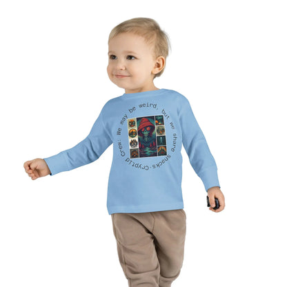 Child wearing a light blue long-sleeve shirt with text and graphic collage on a white background